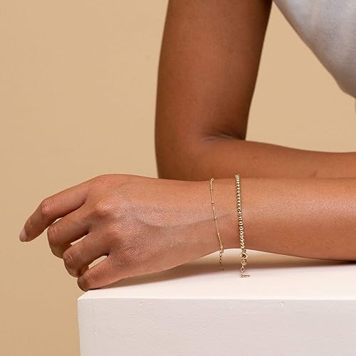 Miniatura 4 de Pulsera delicada para mujer, chapada en oro de 14 quilates, plata de ley, bonita pulsera satélite con cuentas de cadena en capas con dije de moneda,