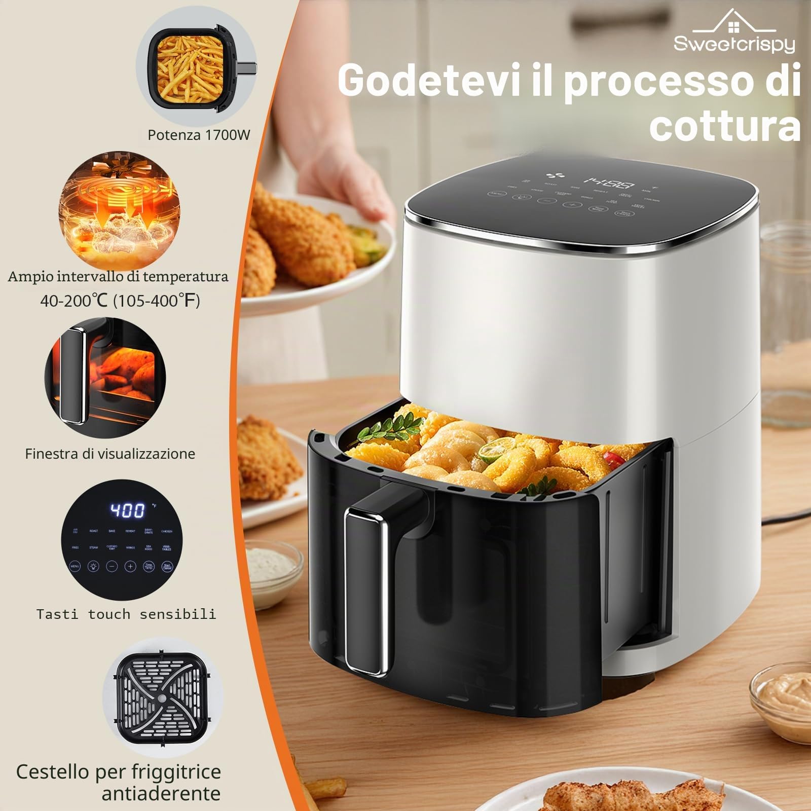 Sweetcrispy Friggitrice ad aria calda Airfryer 6L con finestra di visualizzazione, funzioni 12 in 1 e touch screen Air Fryer, cucina sana senza grassi, cestino antiaderente, cesti lavabili in
