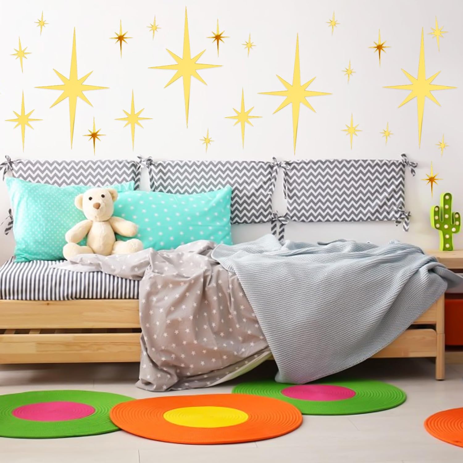 YUXIANLB 92 Pcs Gold Star Wall Decals Mirror Stickers for Walls, Removable 3D Acrylic Mirror Wall Stickers for Living Room, Sparkle Star Decals for Wall Home Bedroom Decor- 5 Sizes