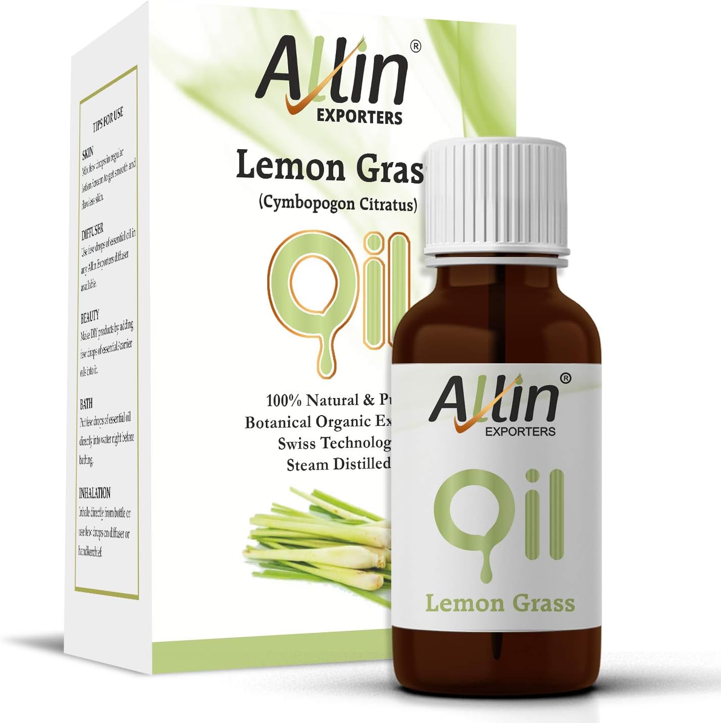 Allin Exporters Lemon grass Essential Oil 100% Natural, Pure & Therapeutic Grade for Skin, Face, Hair & Aromatherapy Diffuser Ideal for Making Bath Soap & Candles (30 ml)