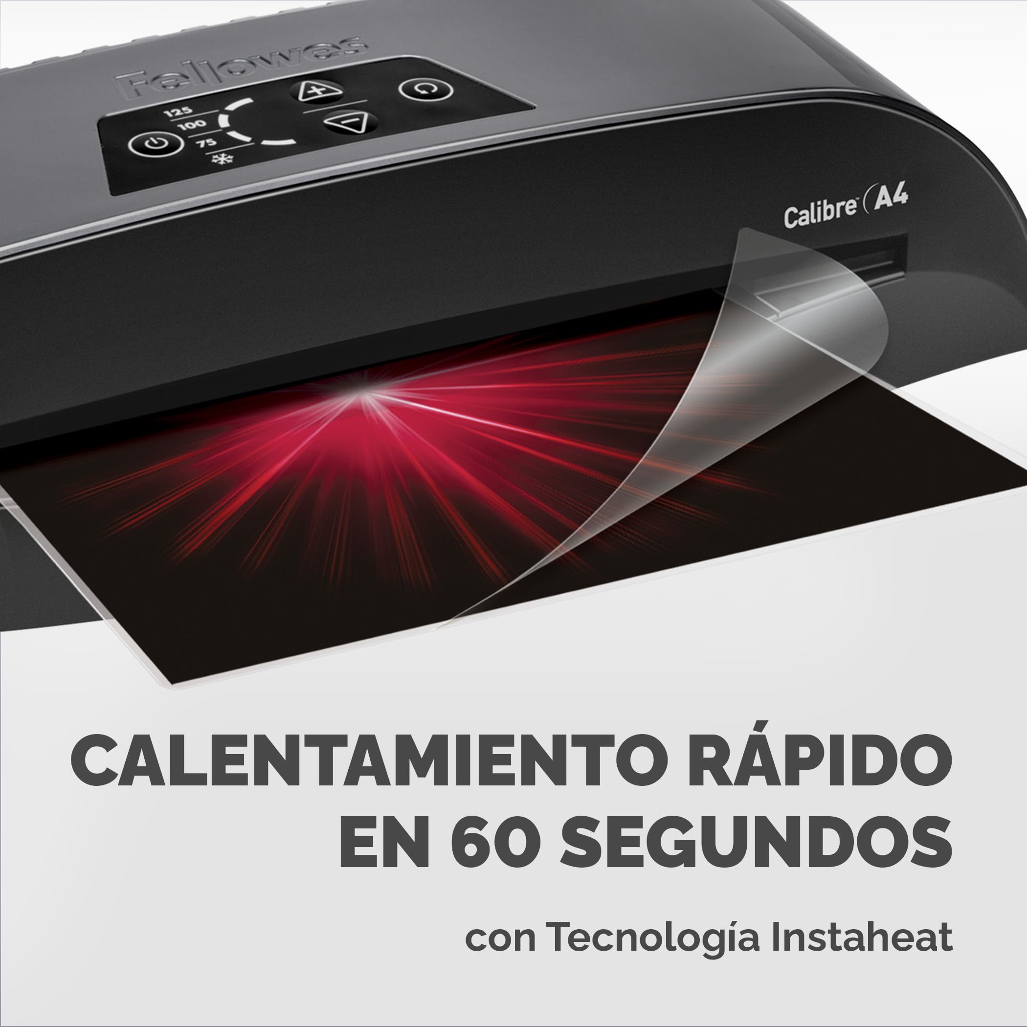 Fellowes Plastificadora A4 Calibre para pequeñas oficinas, 1 minuto de calentamiento con apagado automático y modo de reposo - 80-125 micras, Incluye 10 fundas de plastificación A4, Negro