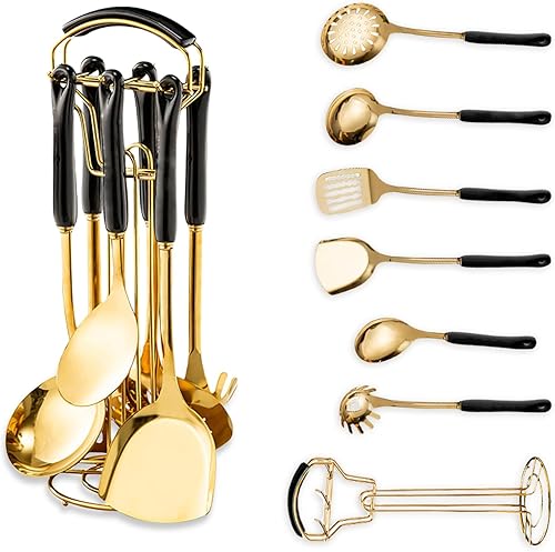 Miniatura 10 de Utensilios de cocina dorados, juego de utensilios de cocina de 7 piezas, juego de herramientas de cocina con soporte para utensilios, accesorios de