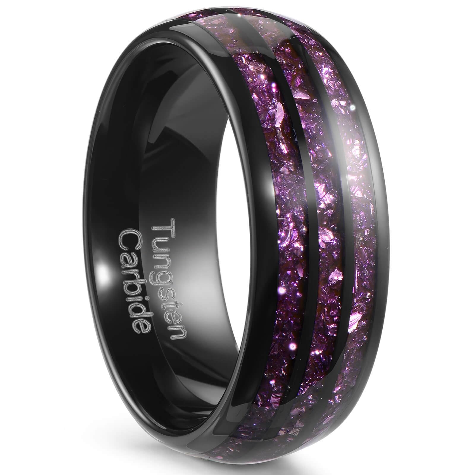 Zillaly 8MM Tungsten Men's Wedding Ring with Amethyst Stone, Black Dome Matte Finish, Sizes 7-14, Comes with Gift Box