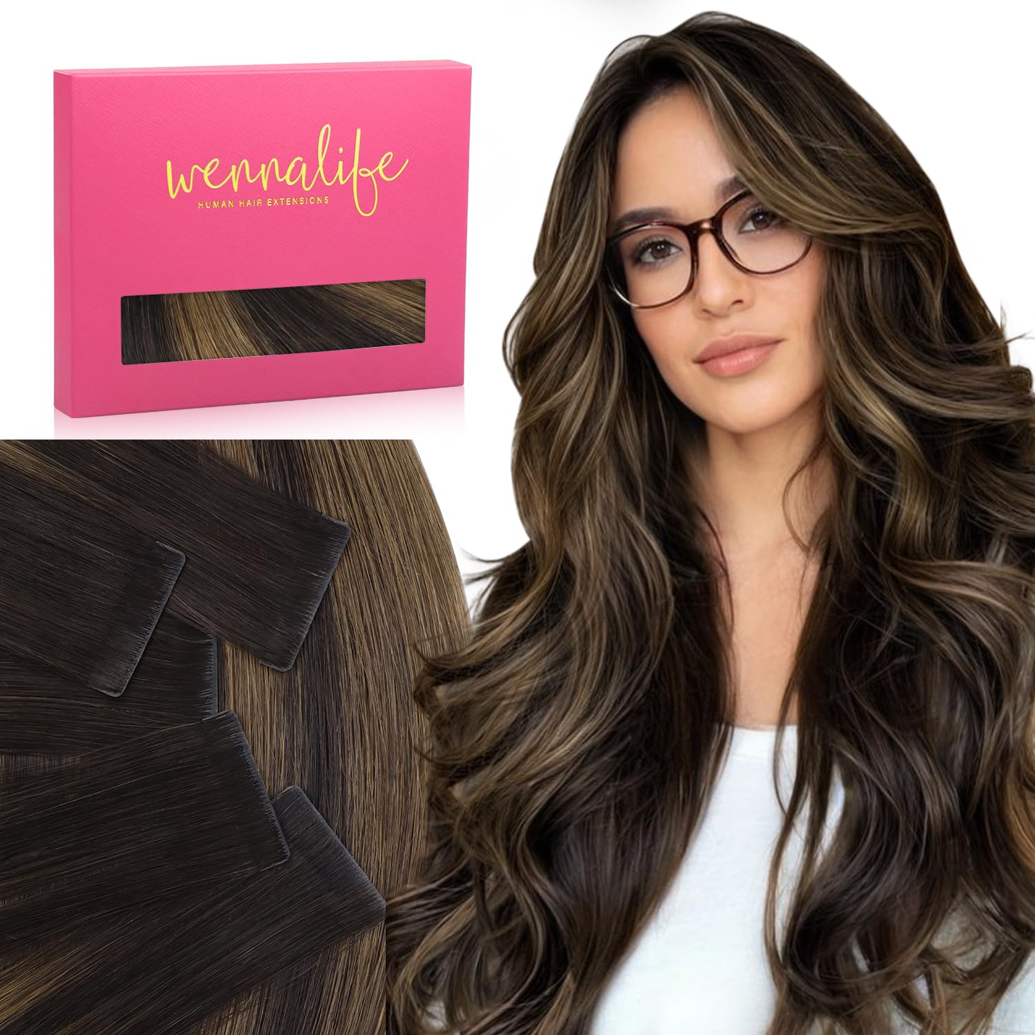 WENNALIFE Invisi Edge Tape in Hair Extensions Human Hair, 14 Inch 25g 10pcs Balayage Dark Brown Mixed Chestnut Brown Invisible Luxury Remy Hair