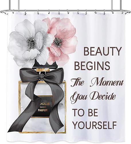 Miniatura 5 de Laifzere Cortina de ducha con botella de perfume, cortina de ducha de flores rosas para baño, juego de cortina de ducha de moda femenina, con citas