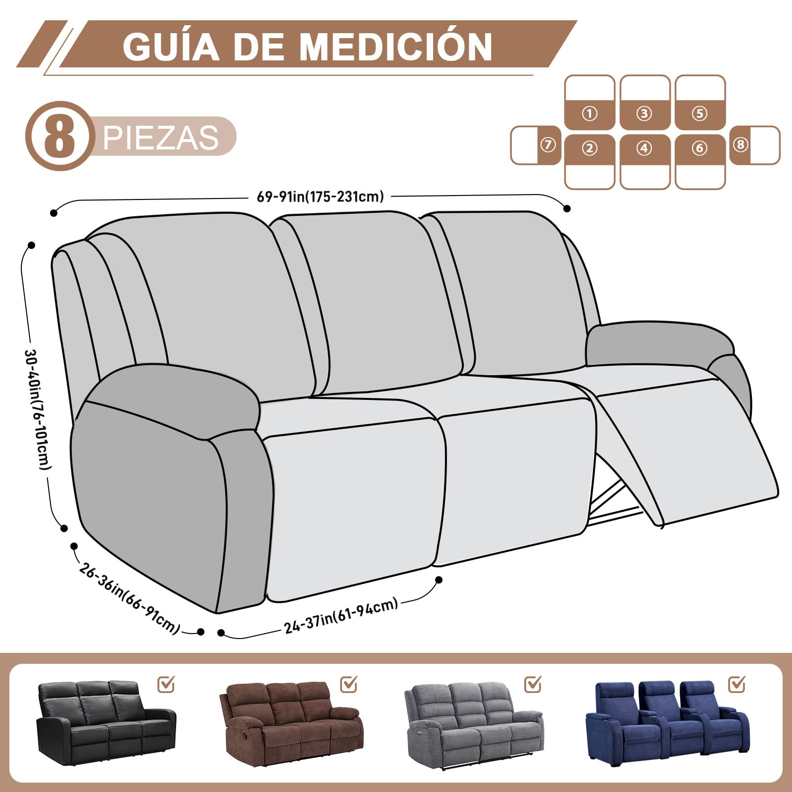 TAOCOCO Funda Sillon Relax Reclinable Elástica, Funda Jacquard para Sillón con Bolsillos, Funda de Sofá Resistente a Manchas y arañazos, Adecuada para Gatos, Perros y niños(3 Plazas, Caqui)