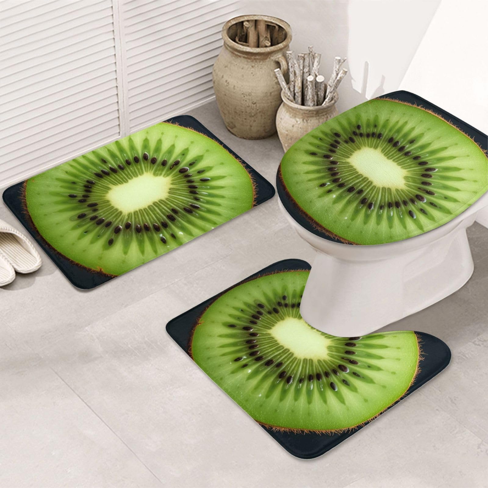 Dwrepo Kiwi Slice Print Bathroom Rug Set 3 Piece with Non-Slip U-Shaped Contour Mat and Toilet Lid Cover for Bathroom Decoration