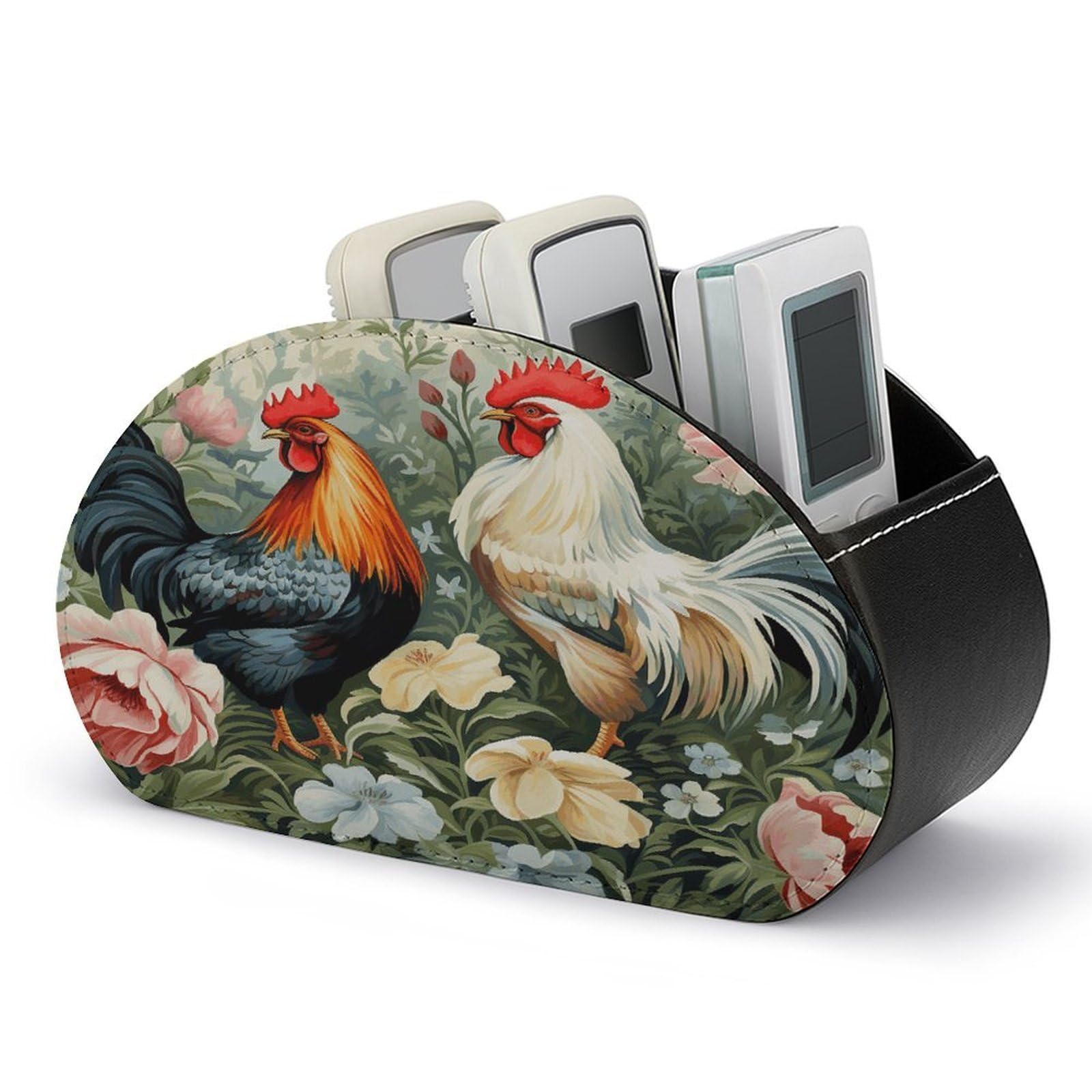 VstaDank Rooster Remote Control Holder Farmhouse TV Media Remote Storage Box with 5 Compartments PU Leather Remote Caddy Desktop Organizer for Home Bedside Table Organizer