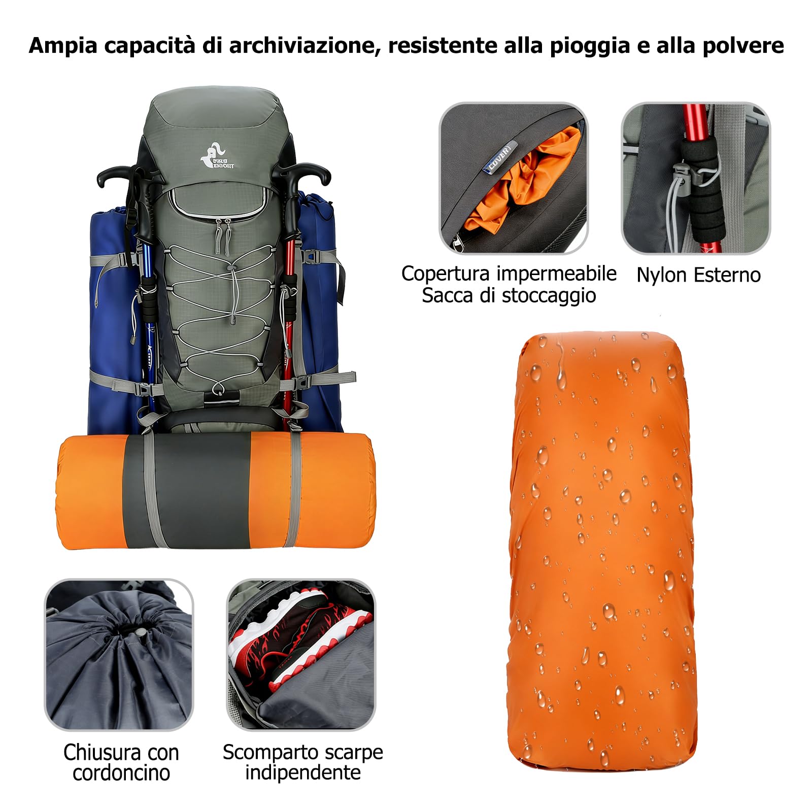 75L Zaino da Trekking Zaino Grande Zaini Resistente con Copertura per la Pioggia Donna Uomo Backpack per Escursionismo Campeggio Arrampicata Viaggio Nero