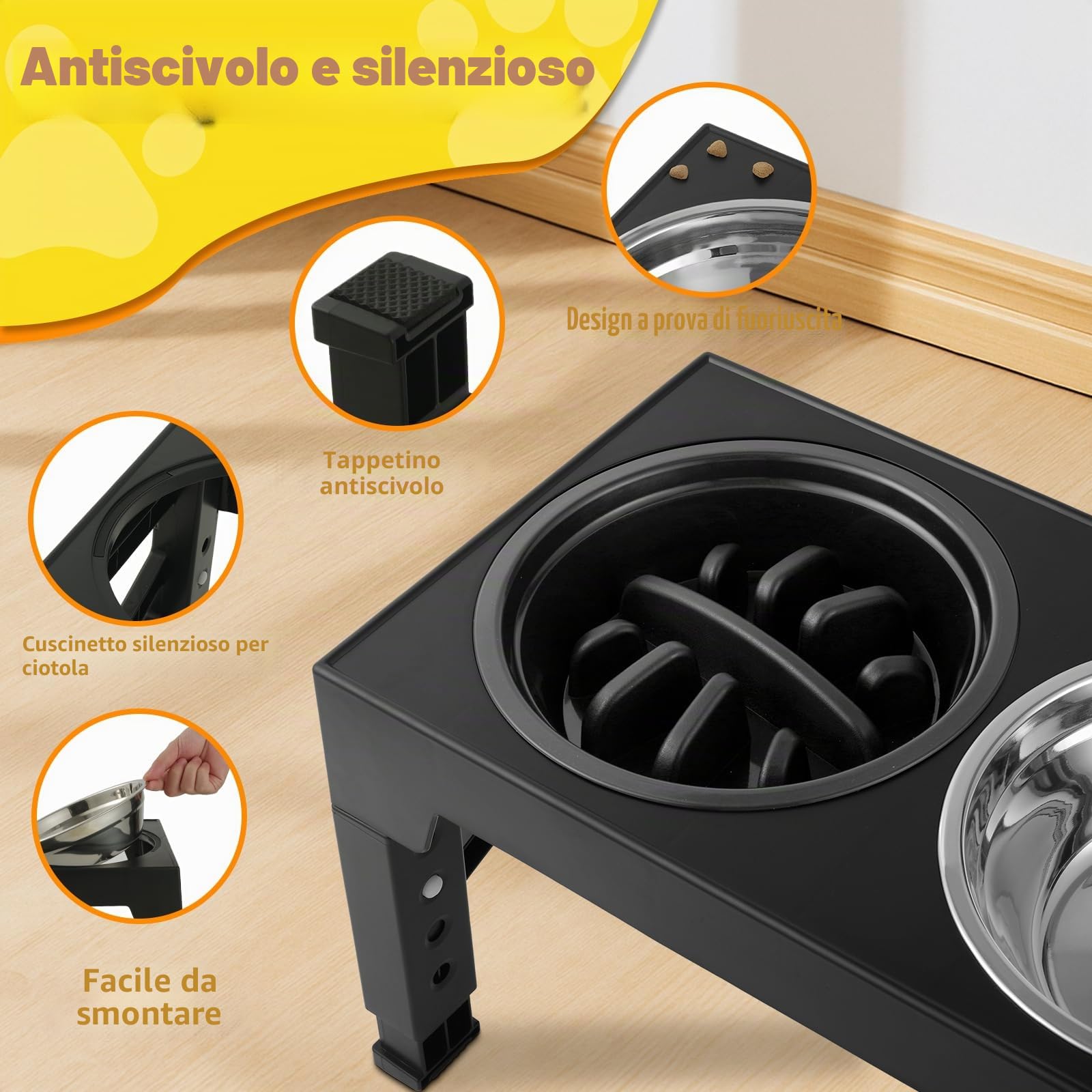 Ciotole per cani Rialzate Regolabili - 2 Ciotole in Acciaio Inox (1200ml) + 1 Ciotola anti-ingozzo (800ml) - Base antiscivolo per cani di taglia media/grande