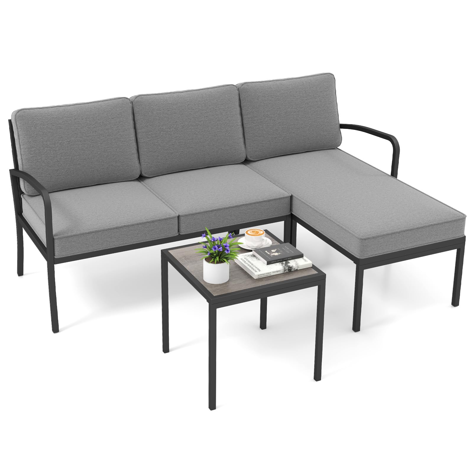 COSTWAY Set Divano da Giardino a 3 Posti, Divano Modulare a L con Tavolino (Grigio)