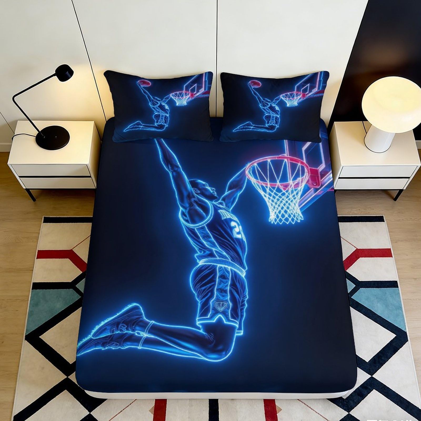 Pnayamiorkfel Style-2 3D Printed Neon Basketball Fitted Sheet Microfiber Soft Breathable Dunk Mattress Cover For Bedroom Dorm Decor 90X200x25cm