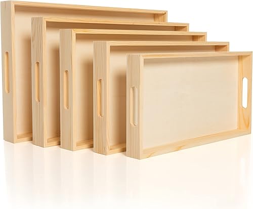 Creative Hobbies Bandejas de madera anidadas para servir, juego de 5 bandejas sin terminar con asas recortadas para manualidades, servir y