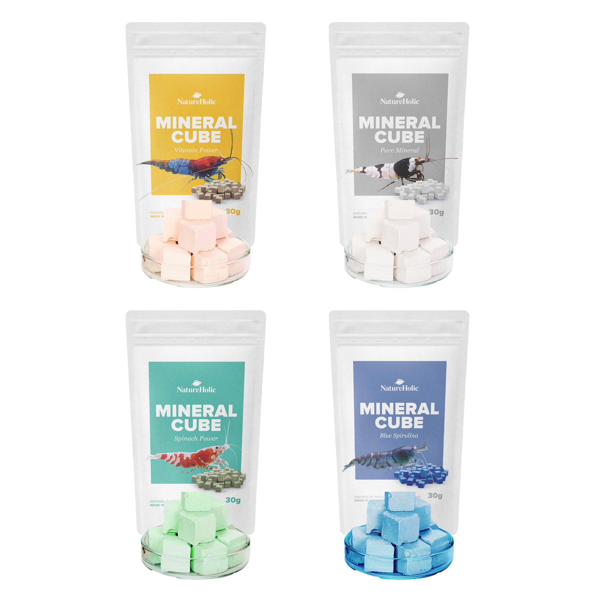 NatureHolic MineralCube - Confezione da 4 pezzi | Pure Mineral, Vitamine Power, Spinach Power & Blue Spirulina | Mangime minerale e permanente per gamberetti, lumache, granchi, granchi