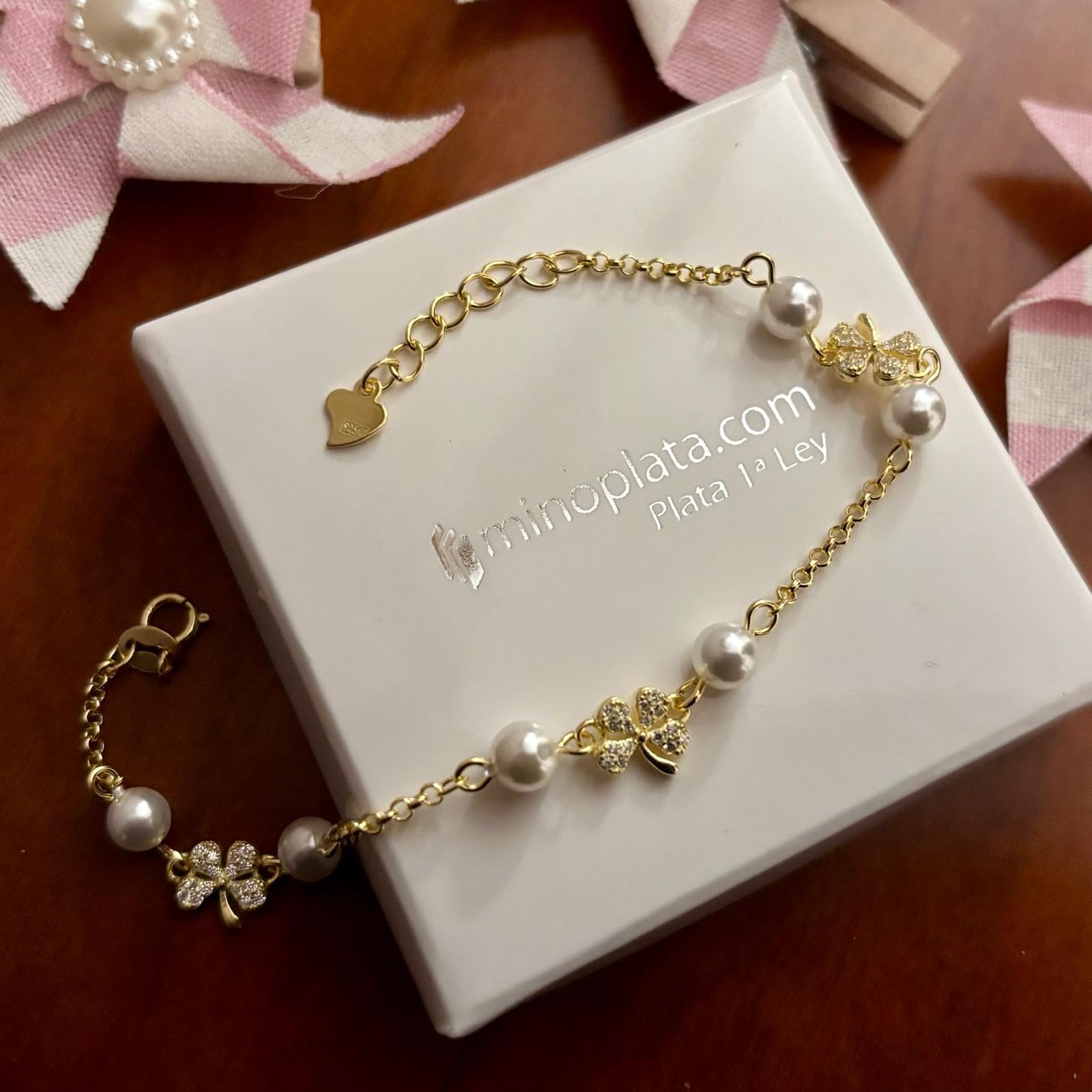 Bracciale a forma di quadrifoglio in argento placcato oro con perline per ragazza comunione mediano argento sterling, Mediano, Argento sterling