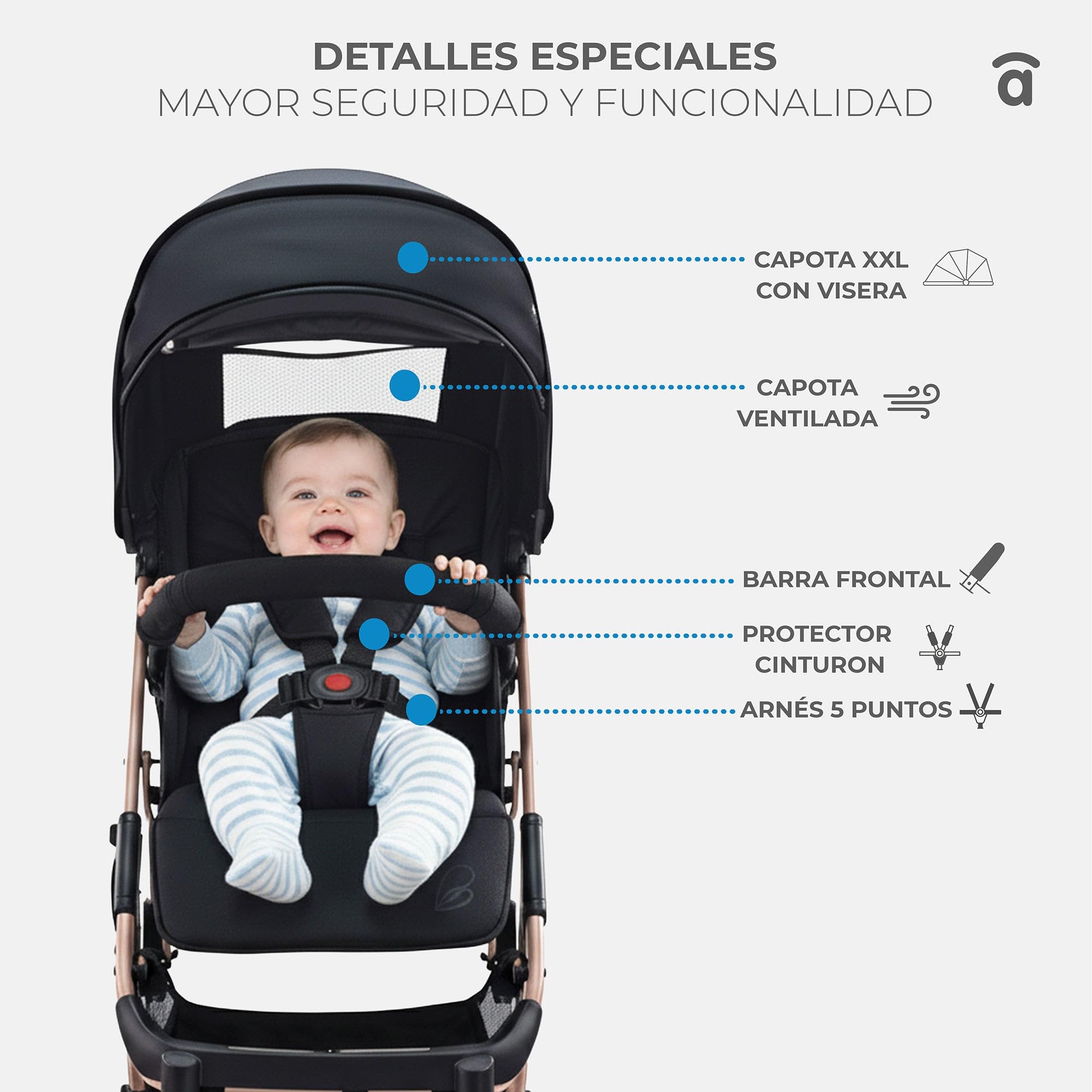 Silla de Paseo AMSTERDAM - Ultraligera, Reclinable y Compacta, Asa Trolley, Plegado con Una Mano, Capota Extensible, desde 6 Meses hasta 23 kg - Dorado Asalvo