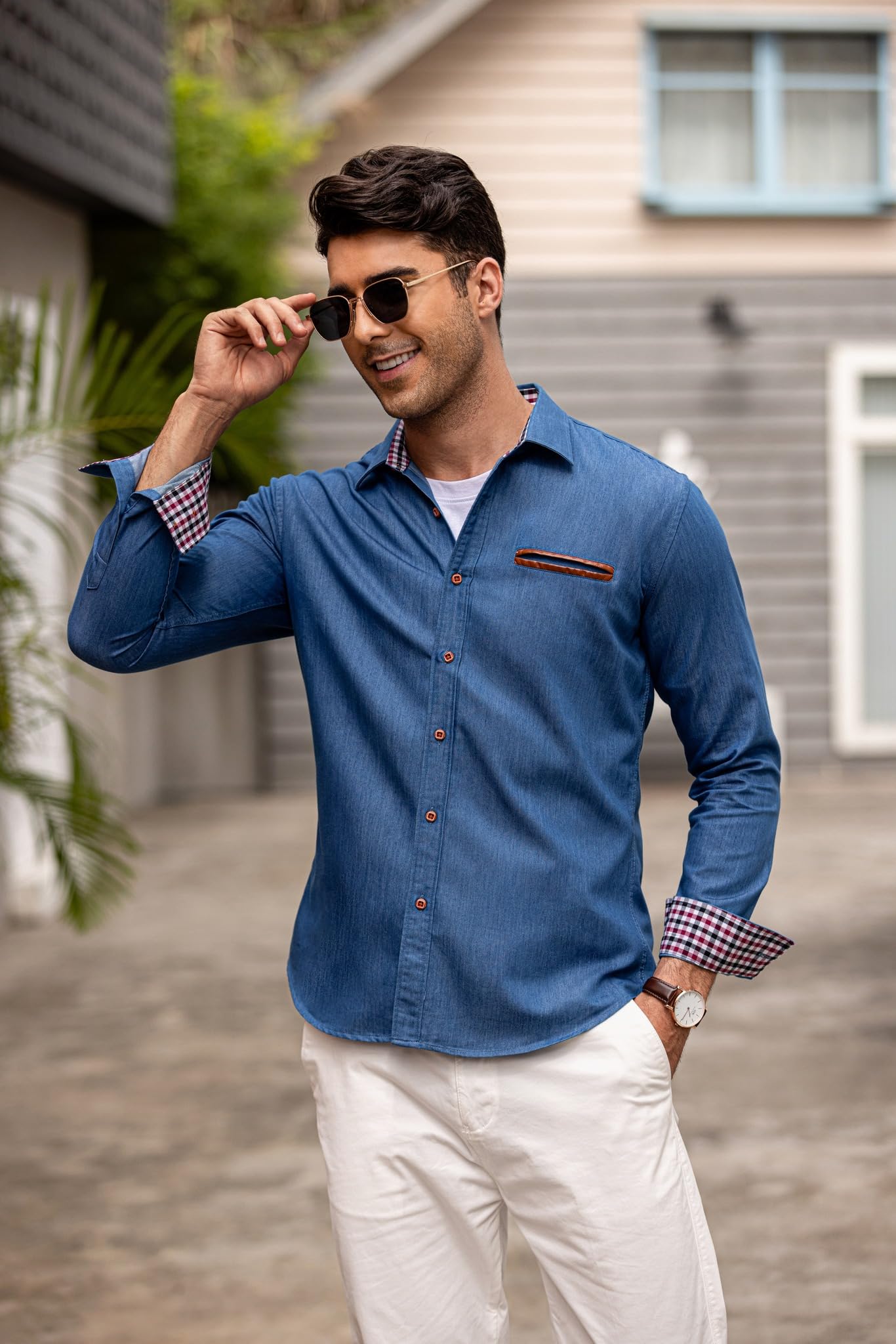 COOFANDY Camisa vaquera de manga larga para hombre, camisa vaquera rockabilly para hombre, camisa informal de algodón, camisa de manga larga, estilo vaquero, botones hacia abajo, camisas B-SkyBlue XL