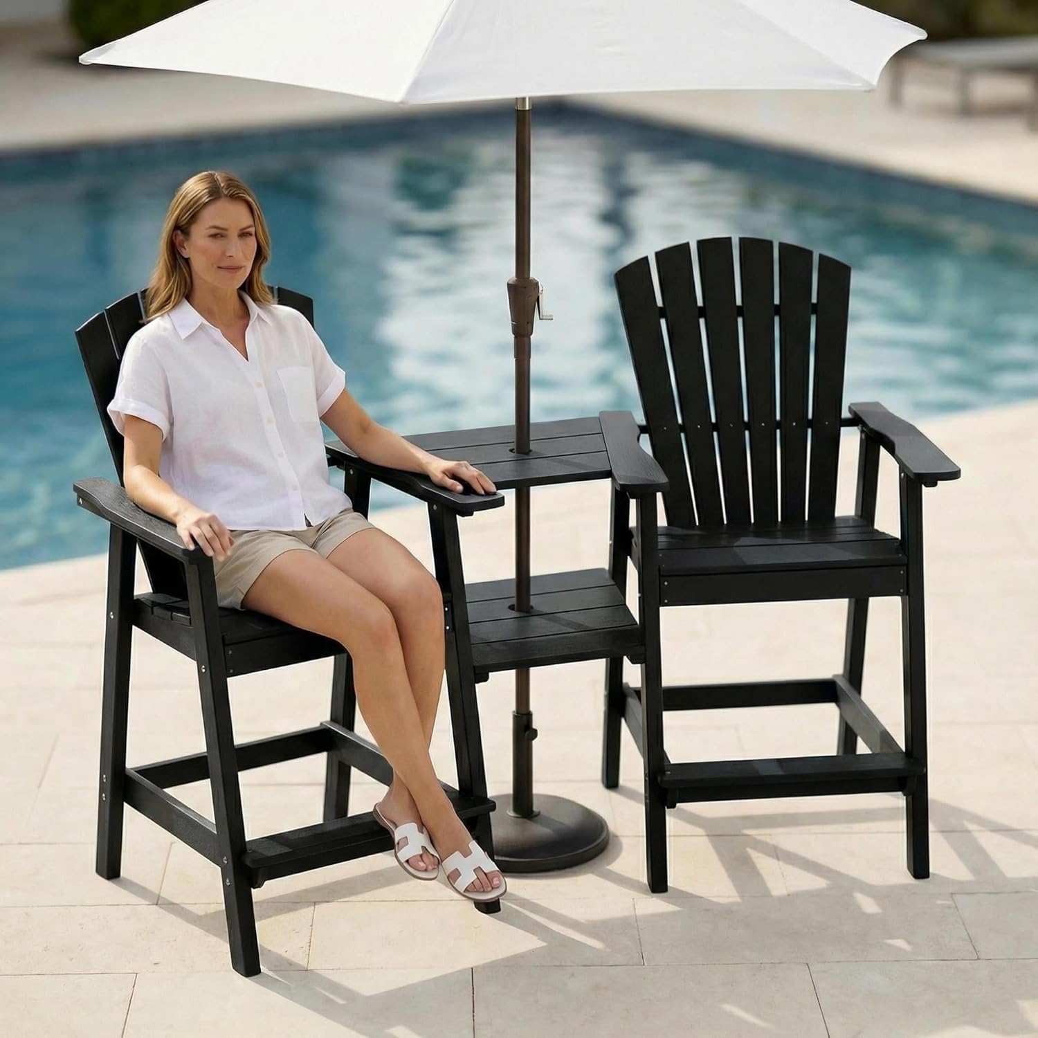GLANC Tall Adirondack Chairs Set of 2, All Weather HDPE Bar Height Balcony Adirondack Chair with Removable Double Connecting Trays, Black Outdoor Adirondack Barstools for Deck Patio Yard Pool Lawn