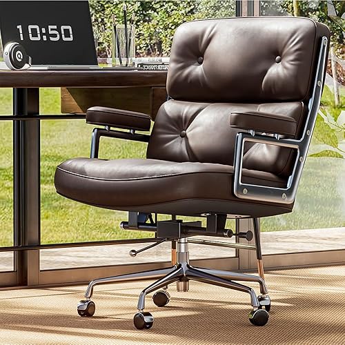 Genuine Leather Office Chair, Mid Back Executive Desk Chairs with Aluminum Arms and Wheels, Swivel Office Leather Chair with Thickened Backrest and Ergonomic Lumbar Support, Brown