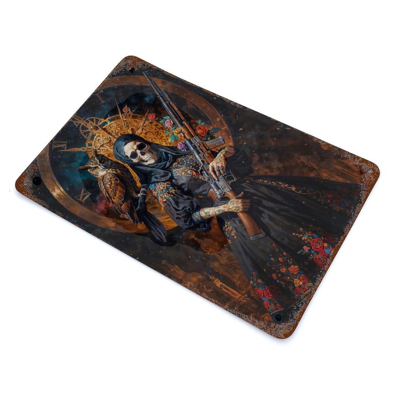 Vintage Rust Metal Sign Santa Muerte with Owl And Rifle 11.8"x7.9", Decorative Metal Wall Art for Basement, Hobby Room And Garage Decor