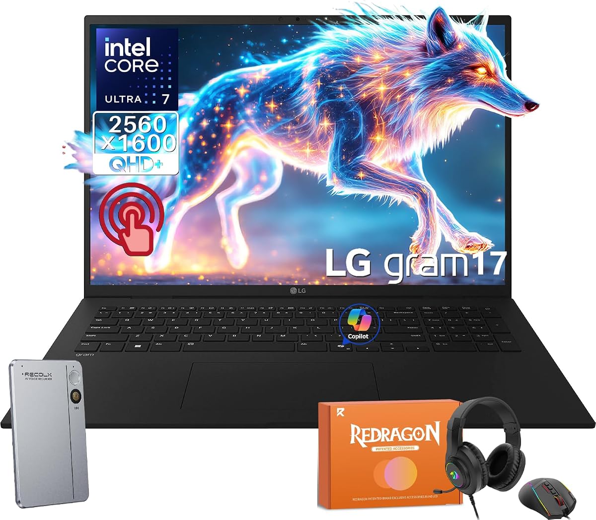 Gram 17 Touchscreen Laptop Business PC, Intel Ultra 7 258V, 17” QHD+ 320 Nits, 32 GB LPDDR5X 8533MT/s, 2 TB SSD, Wi-Fi 7, Windows 11 Pro, W/REDRAGON Headphones & Mouse, RECOLX AI Voice Recorder
