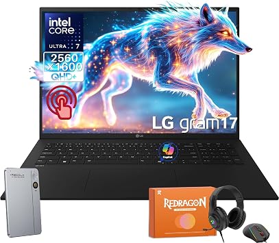 LG Gram 17 Touchscreen Laptop Business PC, Intel Ultra 7 258V, 17 QHD+ 320 Nits, 32 GB LPDDR5X 8533MT/s, 4 TB SSD, Wi-Fi 7, Windows 11 Pro, W/REDRAGON Headphones & Mouse, RECOLX AI Voice Recorder