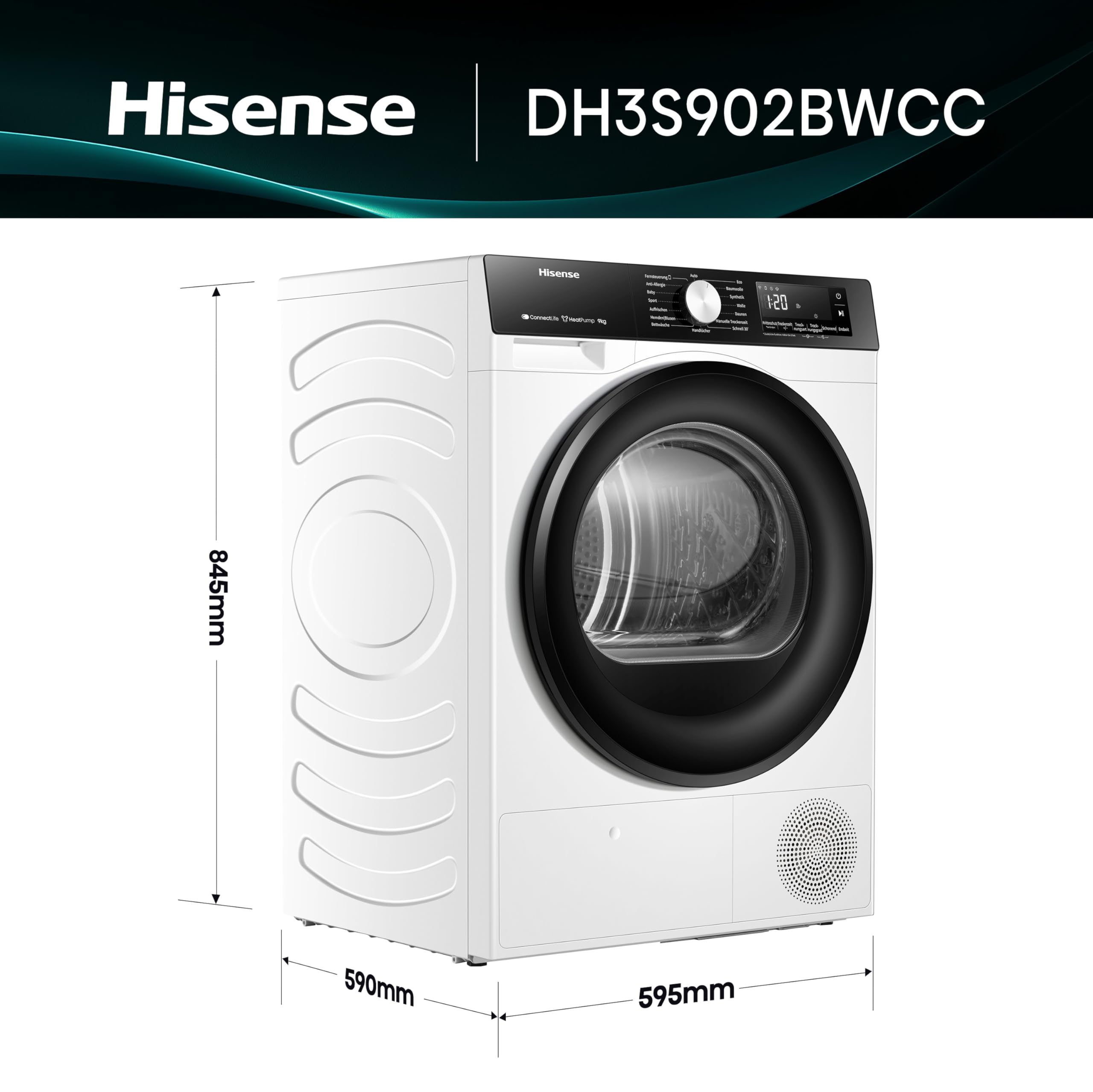 Hisense DH3S902BWCC Kondenstrockner mit Wärmepumpe / 9KG / 16 Programme/ConnectLife/Autodry/QuickDry/Allergie-Pflege/Auffrischen/TwinAir/DelayEnd/Feuchtesensor/EEK: C/Weiß