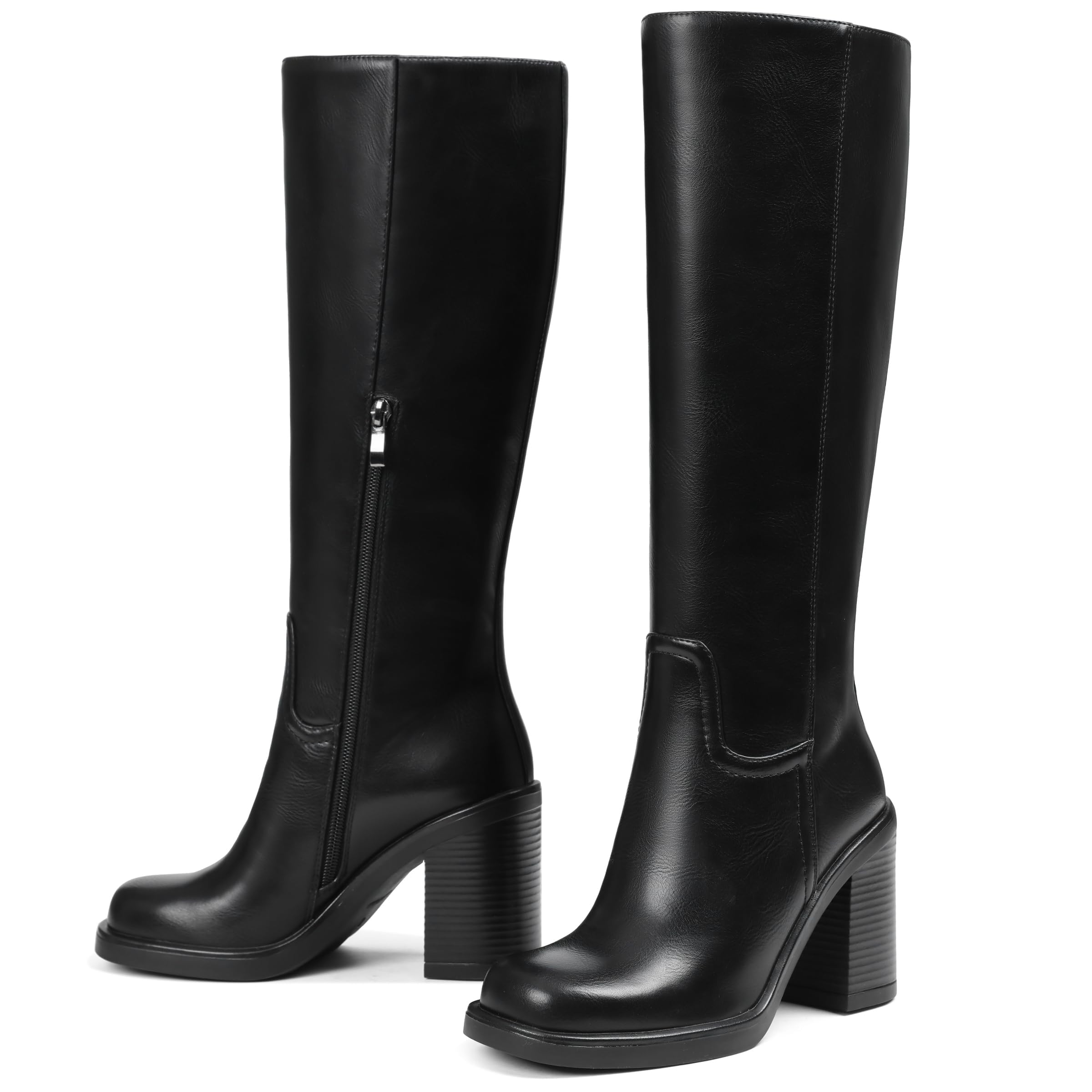 Knee High Boots Women Wide Calf Boots for Women Tall Boots Leather Long Square Toe Platform Chunky Heel
