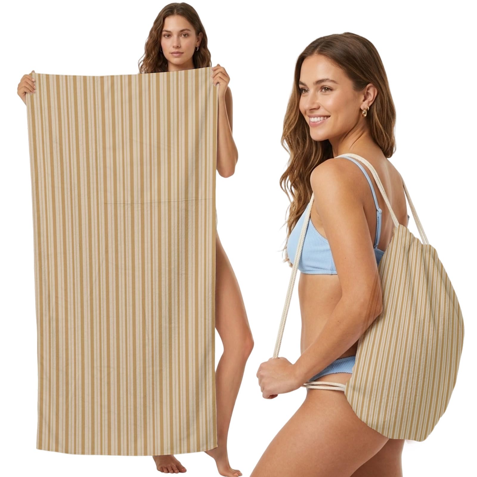 Beach Towel Bag 2 in 1 Brown Vertical Stripes Bath Pool Towels Backpack Boho Pinstripes Apricot Lines Absorbent Beach Towel Soft Quick Dry Lightweight Packable Towels Drawstring Bag for Travel Sports