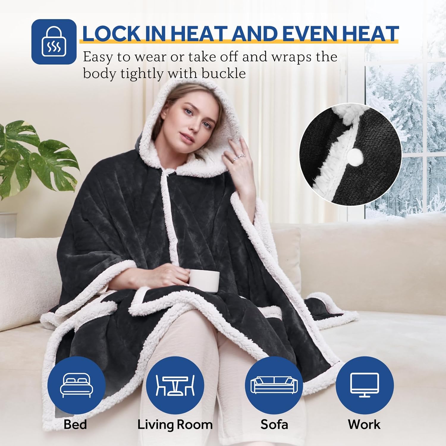 Sealy Heated Throw Wearable Shawl Wrap with Pockets, Reversible Flannel to Sherpa Electric Blanket Hoodie Poncho with 6 Heating Levels & 2-10 Hours Time Settings, 50 X 60 Inch, Charcoal - Image 3
