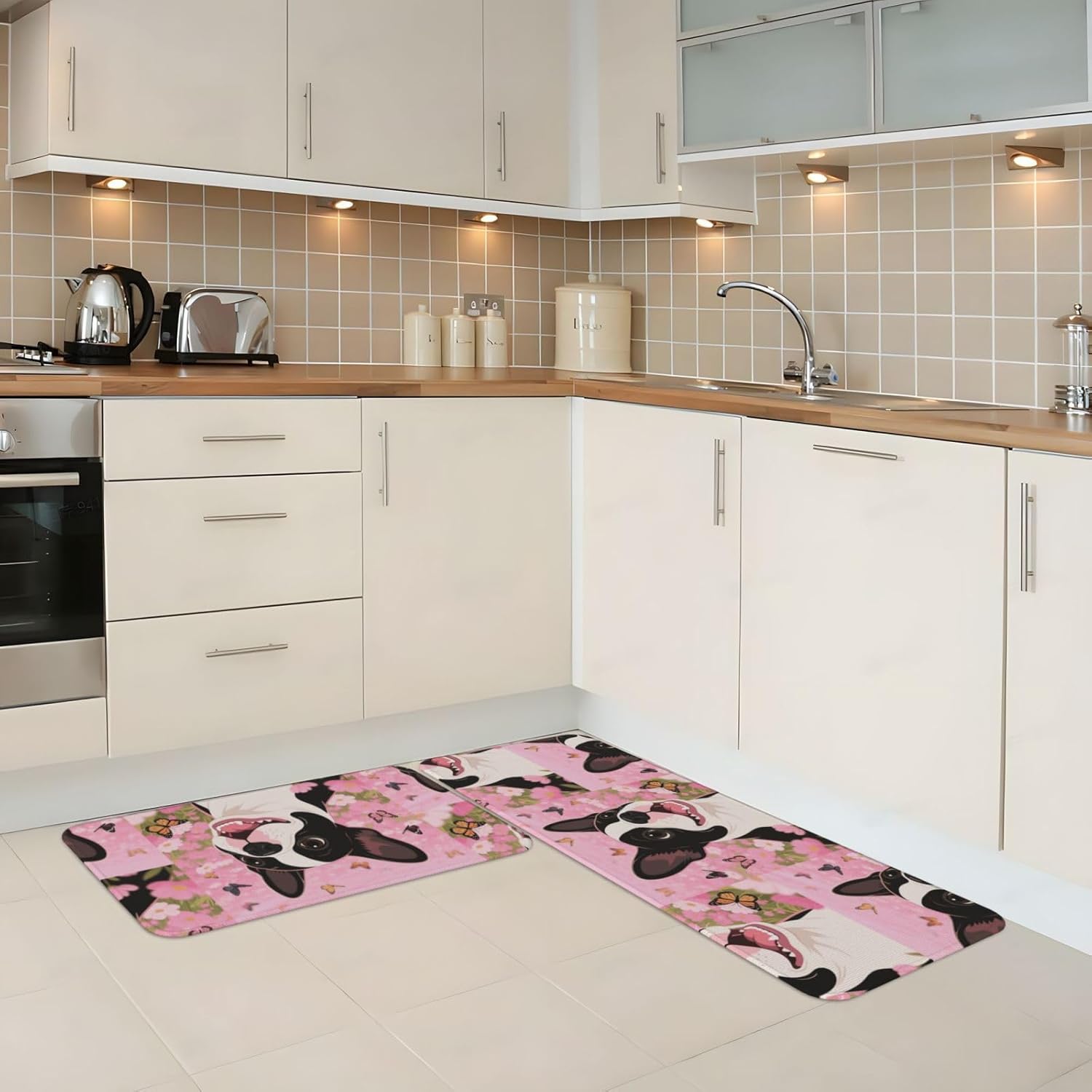 Cartoon Dogs face Kitchen Rugs Set of 2, Cushioned Anti-Fatigue Kitchen Mats for Floor, Waterproof Comfort Standing Mat Absorbent Velvet Kitchen Runner Rugs 17"x30"+17"x47"
