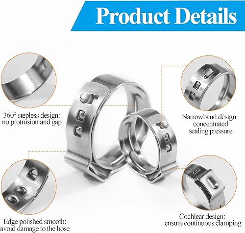 Miniatura 4 de WiseWater 120 abrazaderas de manguera de oreja de 12 pulgada, 0.551-0.689 in acero inoxidable 304 PEX abrazaderas para conexión de tubería, anillos