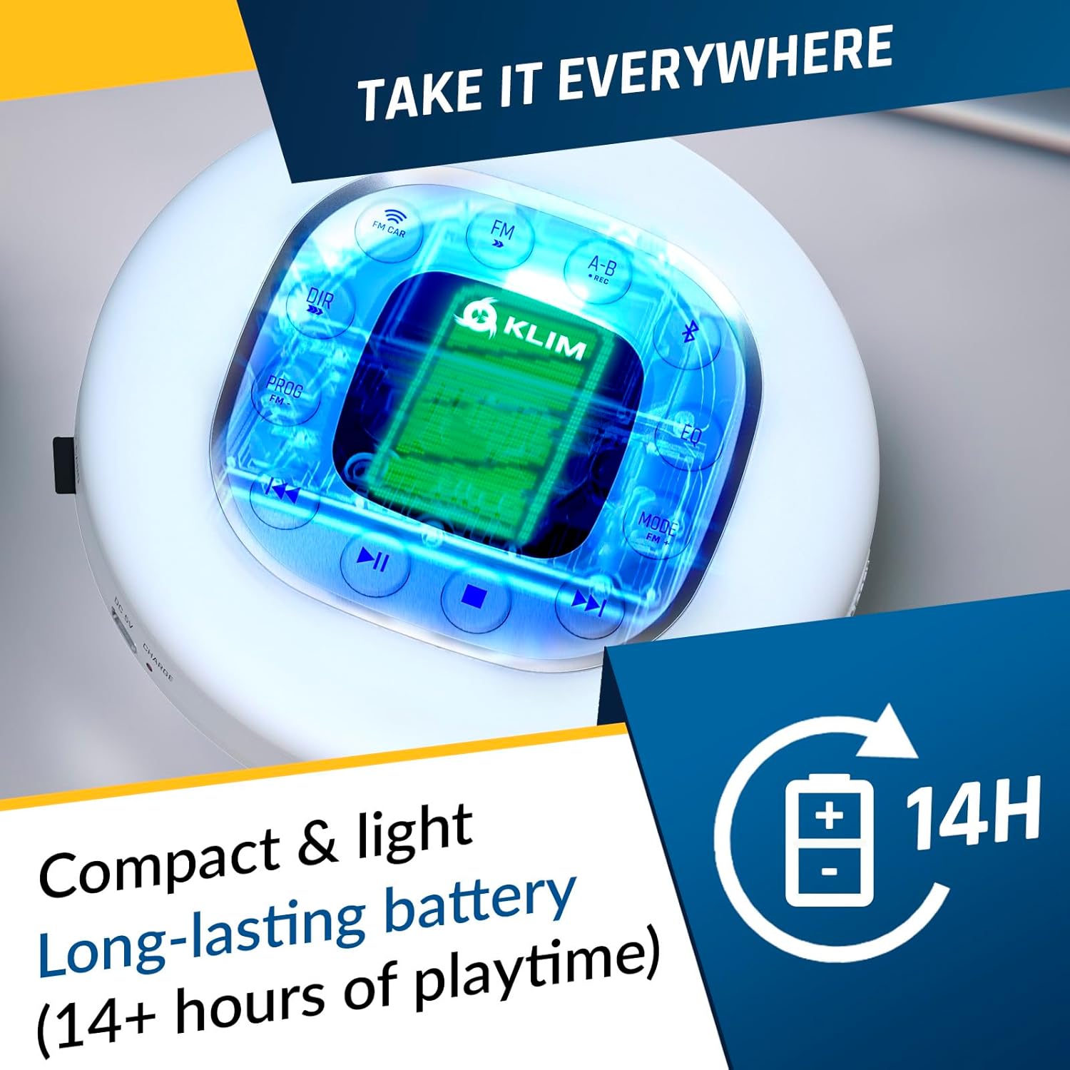 KLIM Journey CD Player with a glowing screen indicating long battery life.