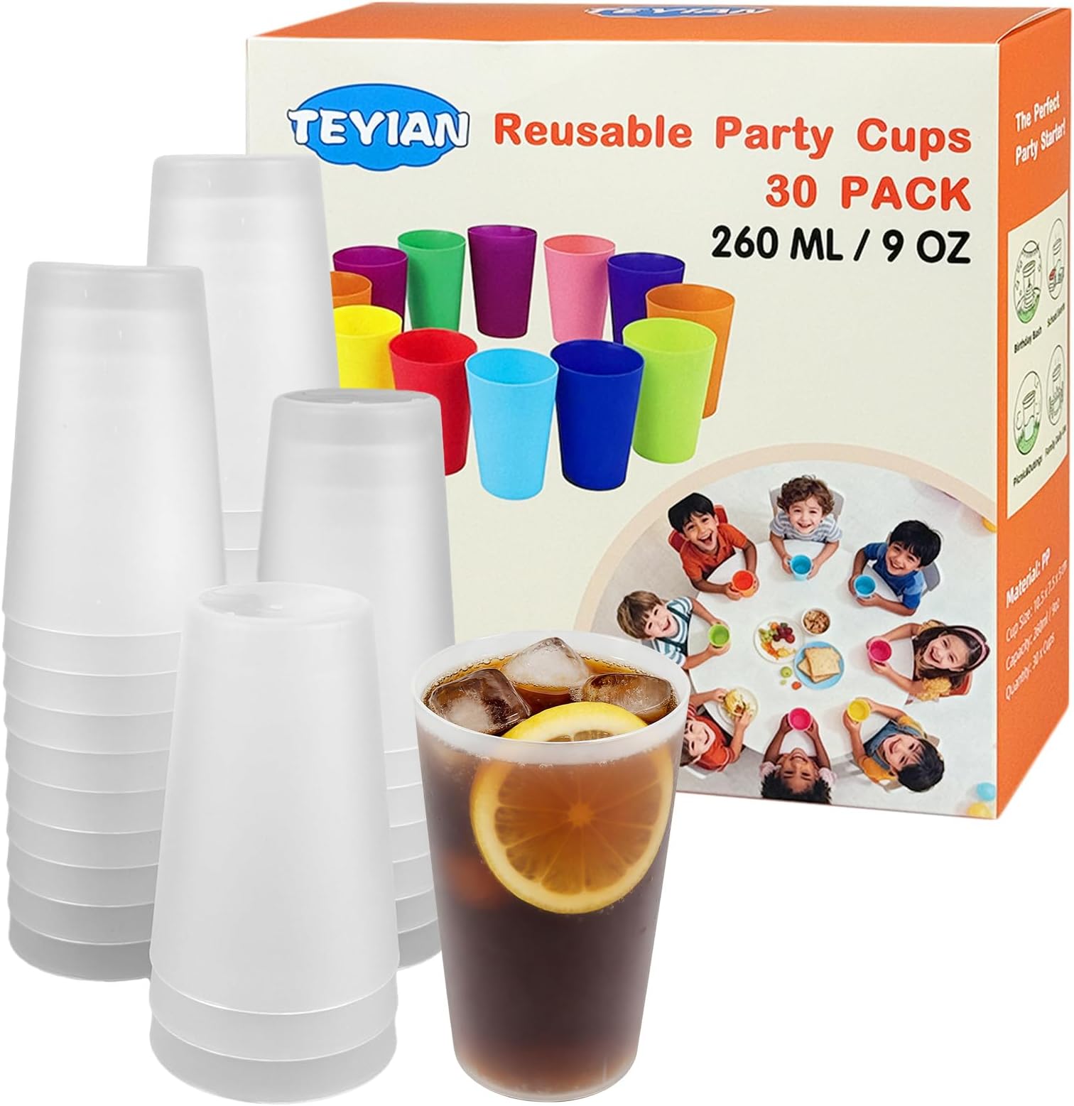 30 Pack Plastic Cups 260ml Reusable Drinking Cups Durable Plastic Tumblers Set for Kitchen Outdoor Parties Picnics Camping BBQ - Transparent