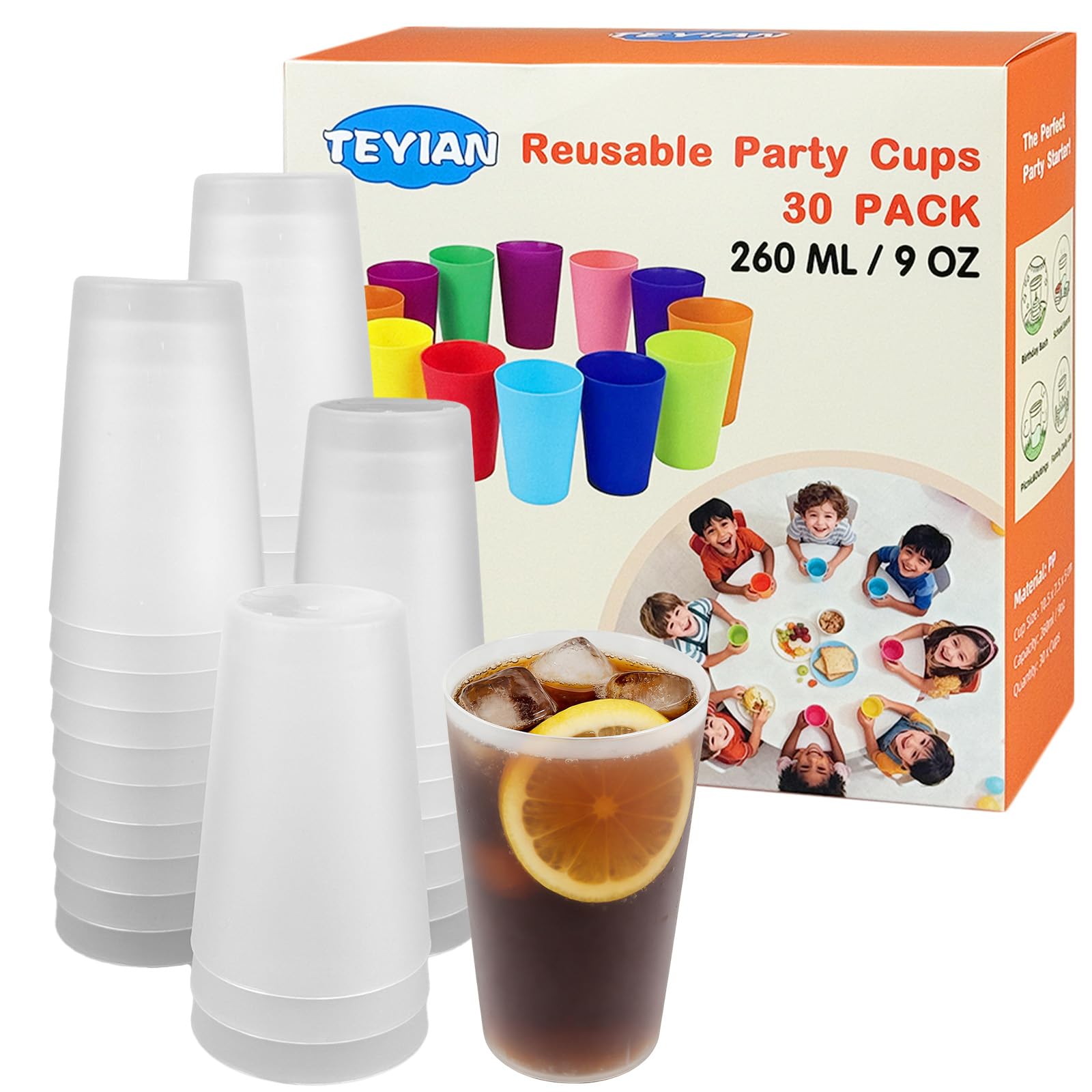 30 Pack Plastic Cups 260ml Reusable Drinking Cups Durable Plastic Tumblers Set for Kitchen Outdoor Parties Picnics Camping BBQ - Transparent