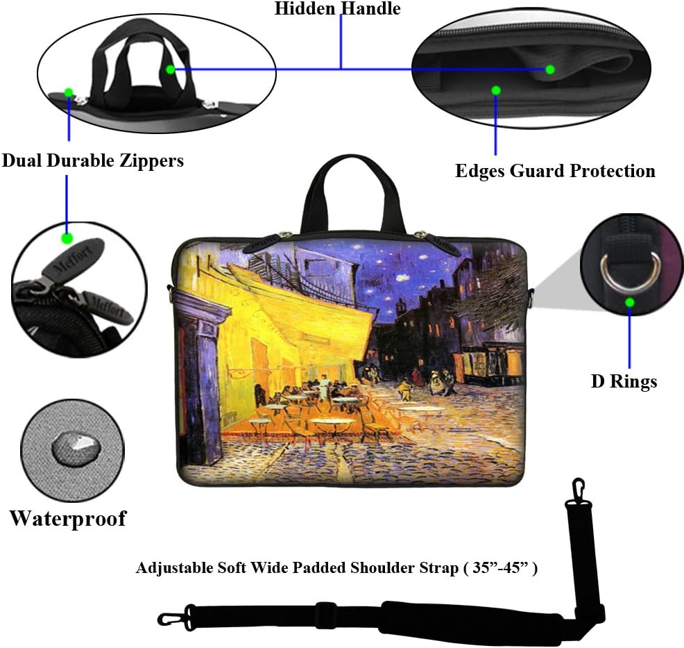 Meffort Inc 15 15.6 inch Neoprene Laptop Sleeve Bag Carrying Case with Hidden Handle and Adjustable Shoulder Strap - Vincent Van Gogh Cafe Terrace at Night