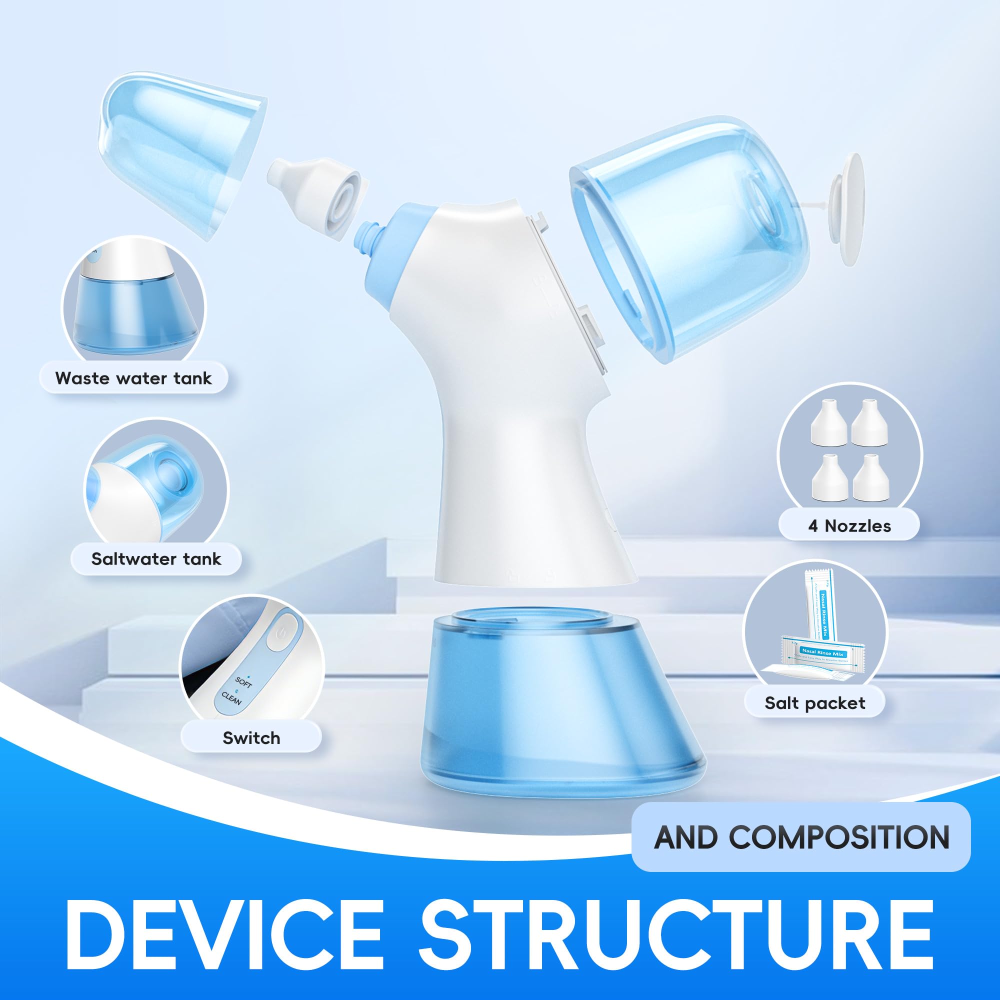 Douche nasale, système de rinçage nasal électrique pour soulager rapidement les douleurs nasales, nettoyeur nasal à 2 modes avec auto-nettoyage et fonction d'élimination automatique des déchets, 30