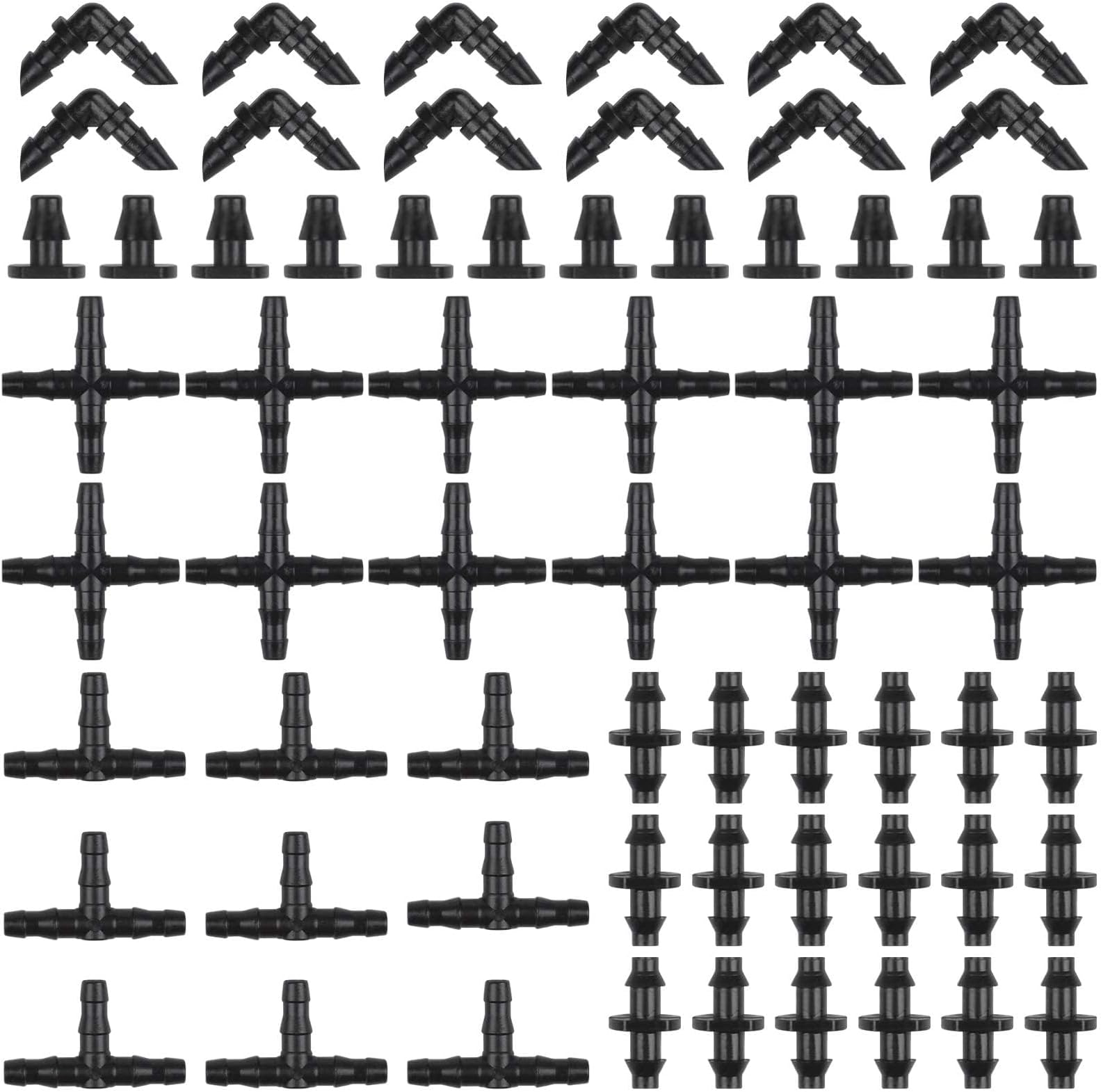 Kalolary 300Pcs Irrigation Fittings Kit, Drip Irrigation Kit Barbed Connectors for 1/4 Inch Flower Lawn Garden Irrigation System Kit (Straight Barbs, Tees, Elbows, End Plug, 4-Way Coupling)