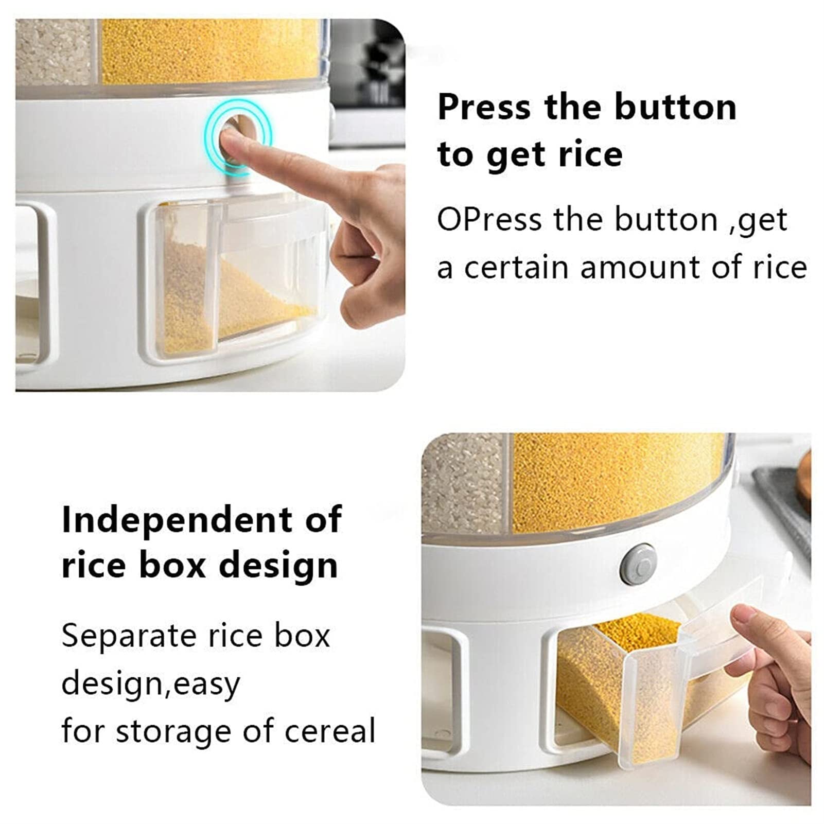Récipient De Stockage Rotatif Pour Céréales 9L (9kg) - 6 Compartiments - PP Alimentaire, 32x23.5 Cm - Distributeur à Bouton-poussoir - Blanc/vert