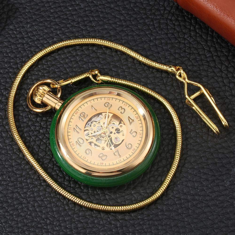 Hervorragende automatische mechanische Taschenuhr mit Jade-Gold-Aufzug, Skelett-Zifferblatt, Taschenuhrkette, Luxus mit Schlangenkette