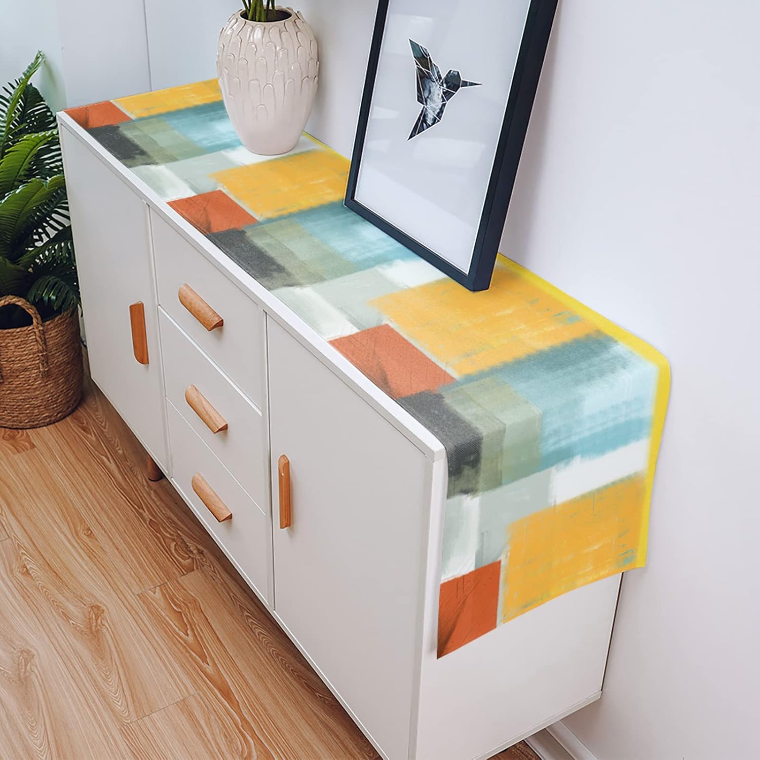 Table Runner Abstract Painting Art Style Orange Blue Yellow Grey Red Dining Table Runner Burlap Dress Runner Table Scarf for Kitchen,Dining Room,Wedding Party,13x120 Inch