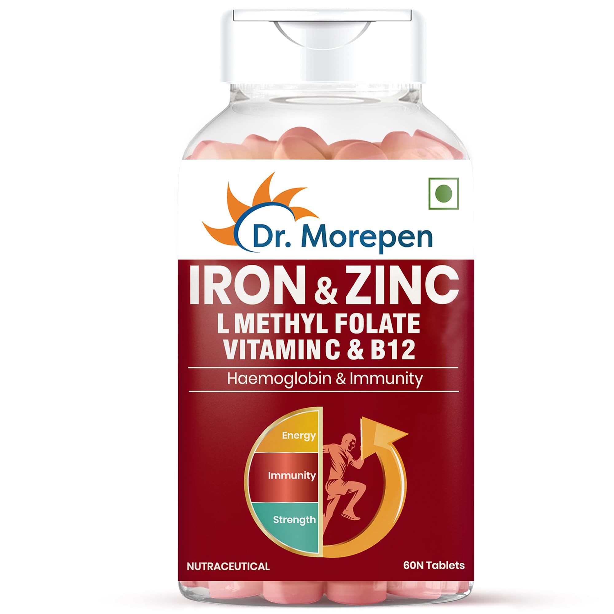 DR. MOREPEN Iron & Zinc Tablets | Enriched with Iron, Zinc, Vitamin C & B12 | Natural & Safe for Men and Women | 60 Veg Tablets