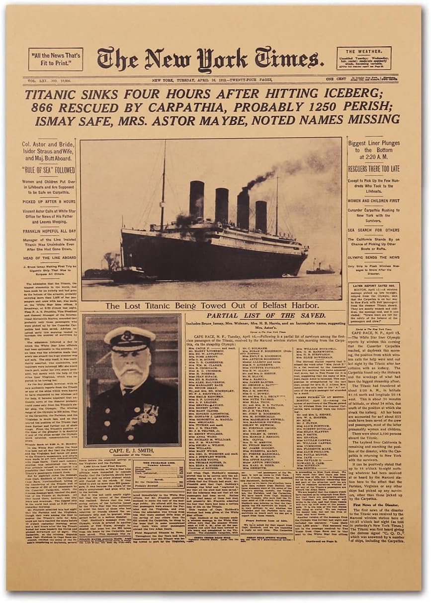 HAOHUODUO 20" x 14" Vintage Titanic Disaster Poster Unframed New York Times 1912 Front Sheet Replica on Kraft Paper Retro Western Art Prints for Home Decor Commemorating Titanic's Historic Sinking