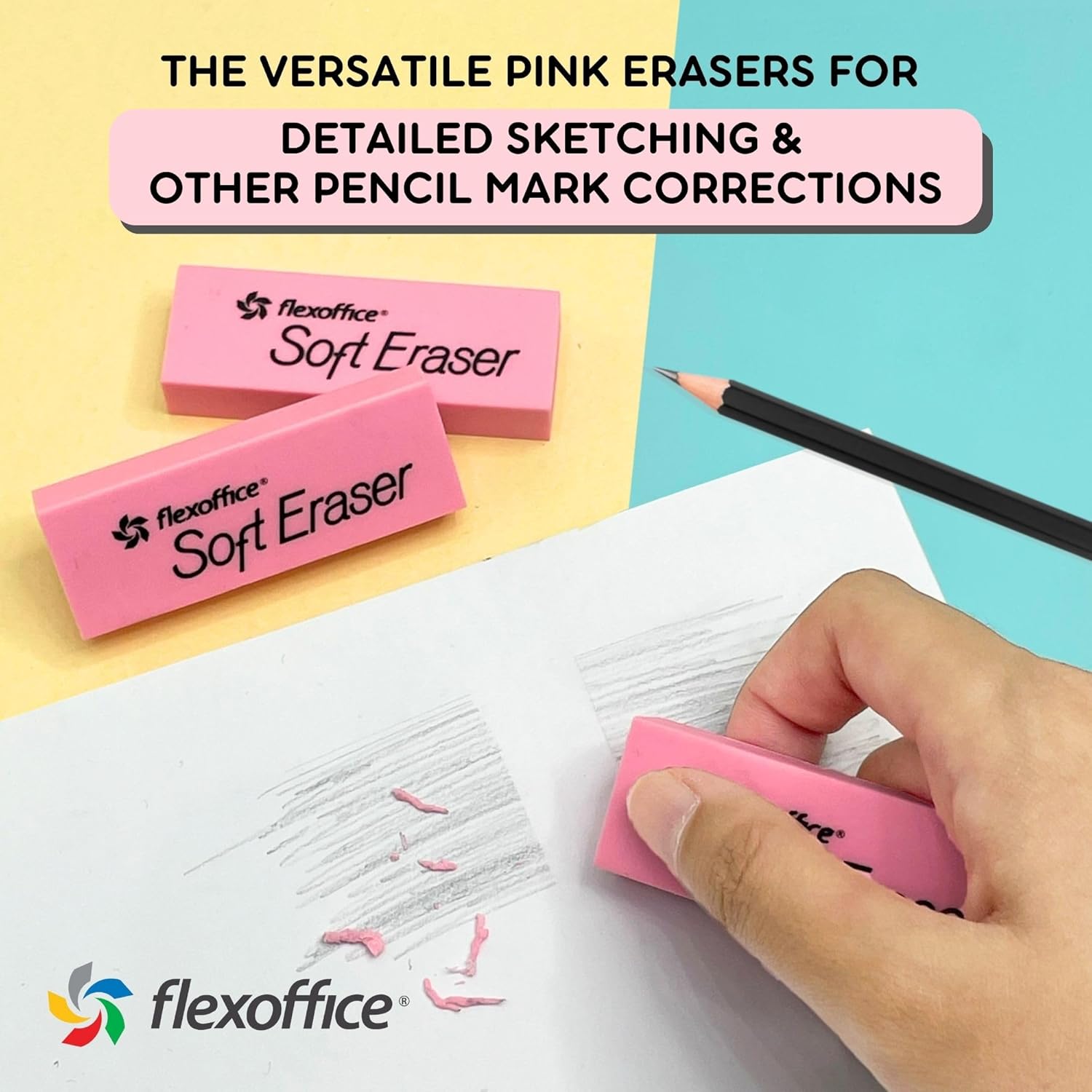 FlexOffice Pink School Erasers 120 Count - Large Bulk Erasers for Students, Teachers, Classroom Supplies & Test Taking