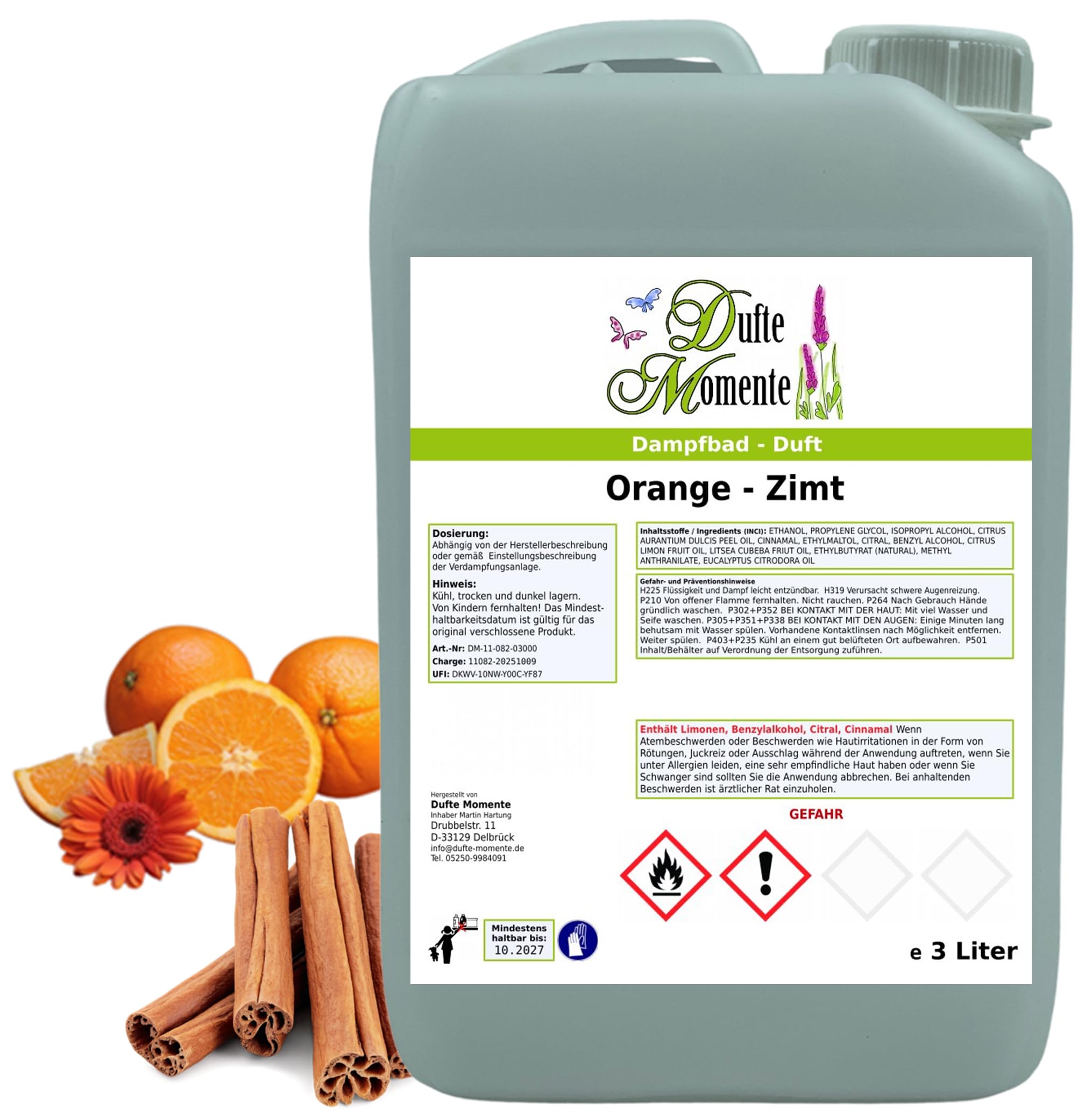 Dufte Momente Dampfbad Duftkonzentrat Orange-Zimt 3 Liter – warm & würzig – naturreine ätherische Öle – für Dampfbäder, Verdampferanlagen & Dampfduschen – vegan & Made in Germany