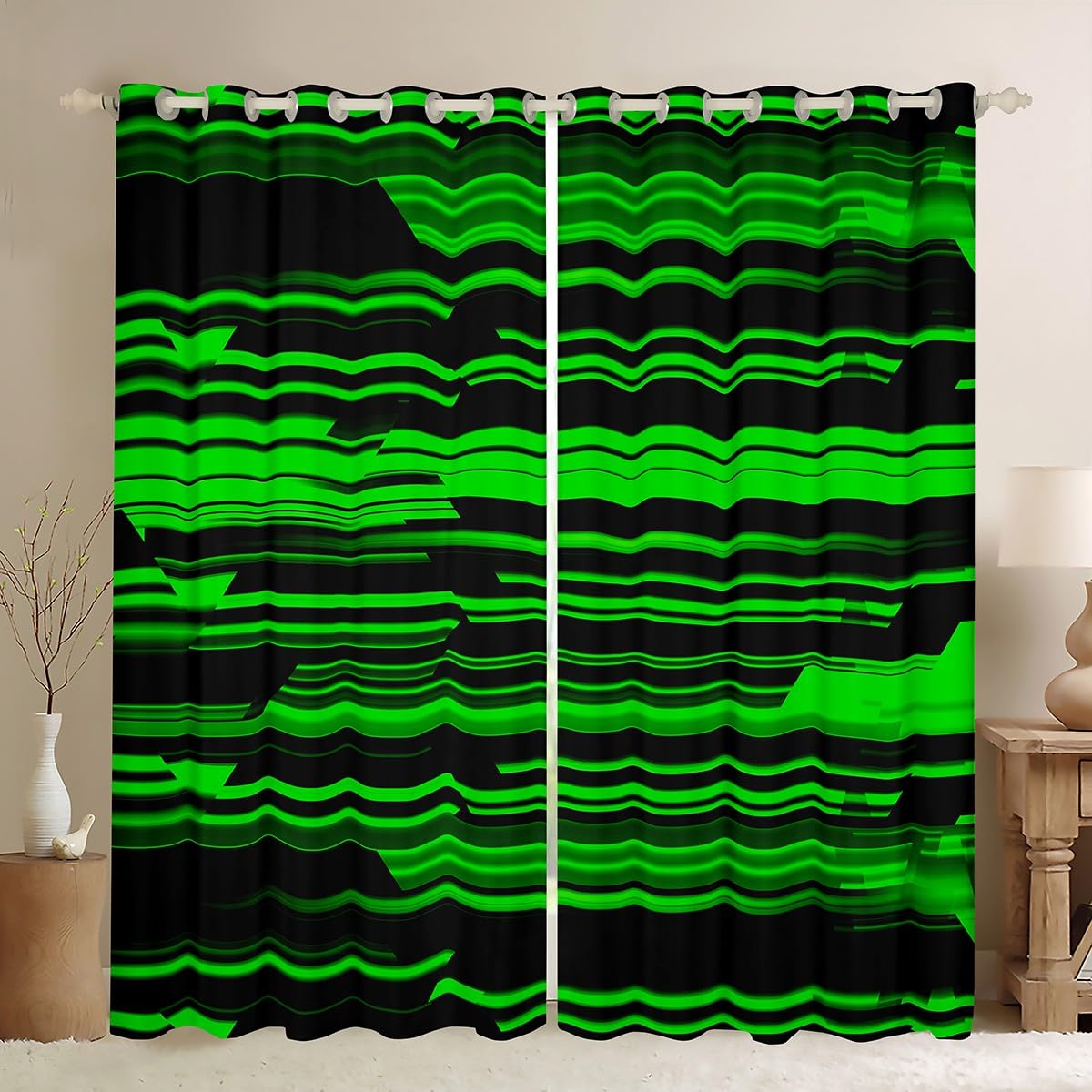 Homemissing Green Black Stripes Darkening Dreapes Modern Striped Art Curtains for Bedroom Living Room Boys Girls Geometric Blackout Curtains (2 Panels, W46*L54) Abstract Design Window Treatments