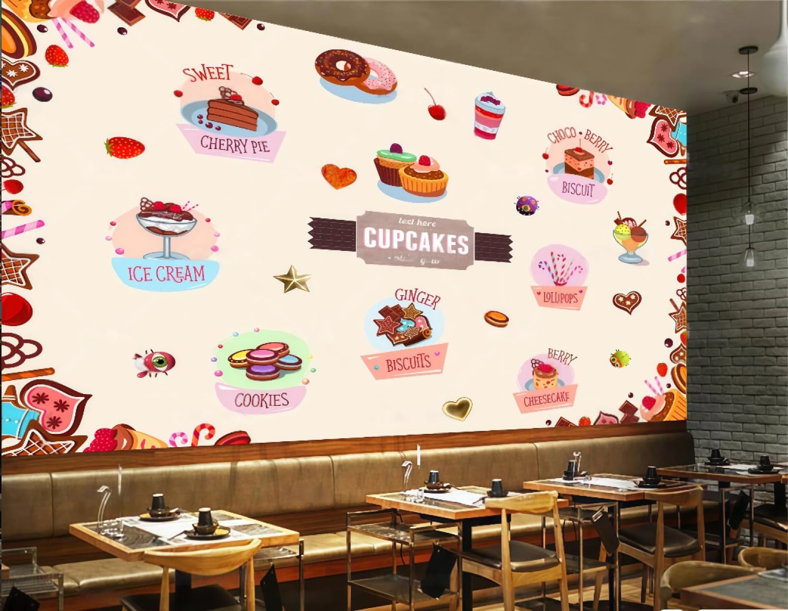 rskjdghshd Wallpaper Cartoon Hand-Painted Cute Cake Shop Bakery Afternoon Tea Dessert Catering Background Wall Western Restaurant Wallpaper Cafe Mural,3D,300x210cm