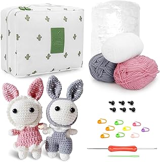 Crochet Kit for Beginners, 2 Pcs Crochet Animal Kit for Adults Kids, Crochet Starter Kit for Complete Beginners, Crocheting Knitting Kit with Step-by-Step Video Tutorials (Pink)