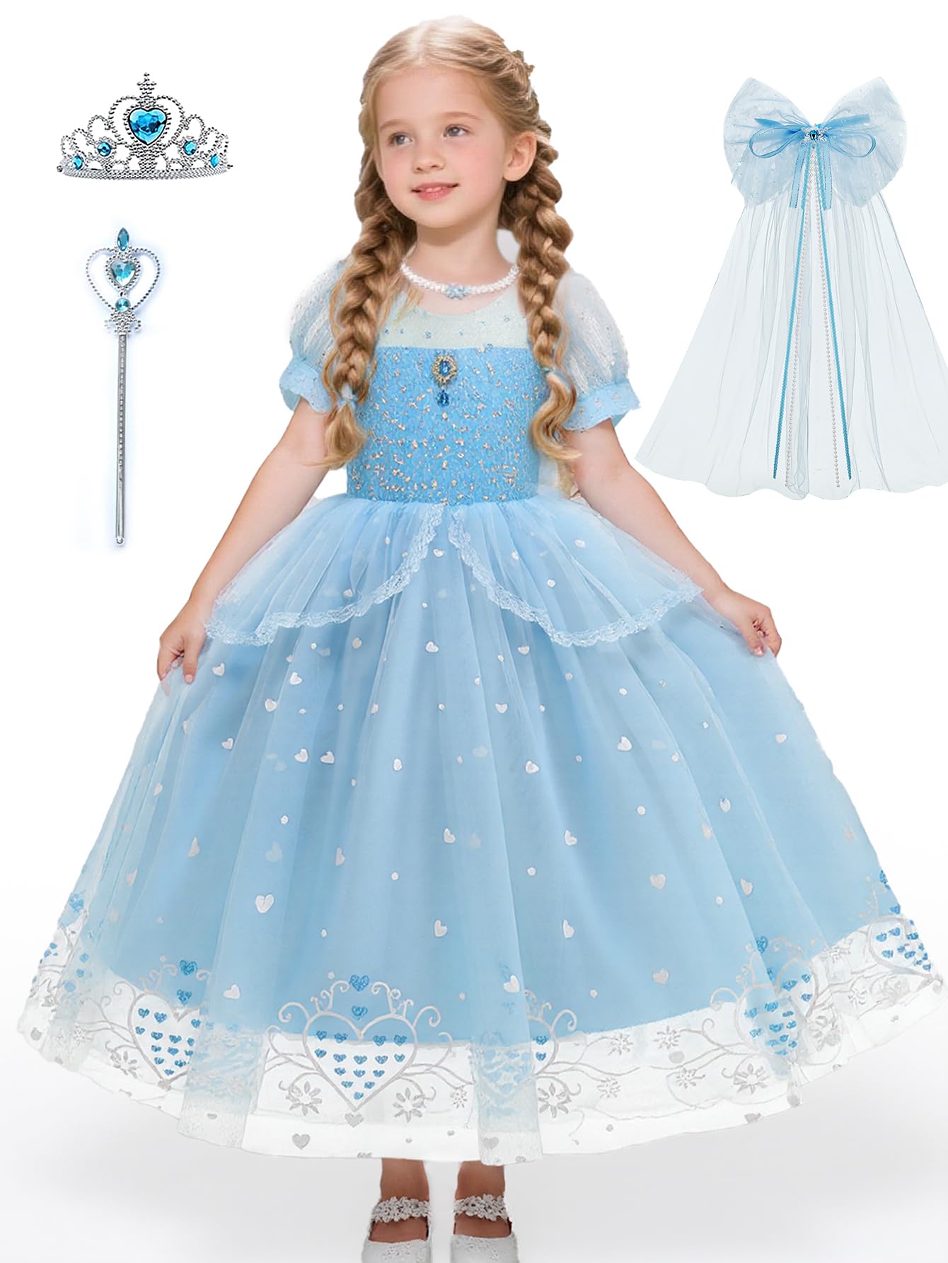 AntDesign Princess Dresses for Girls with Crown Wand Bow Trailing Drag Princess Costumes for Party Cosplay