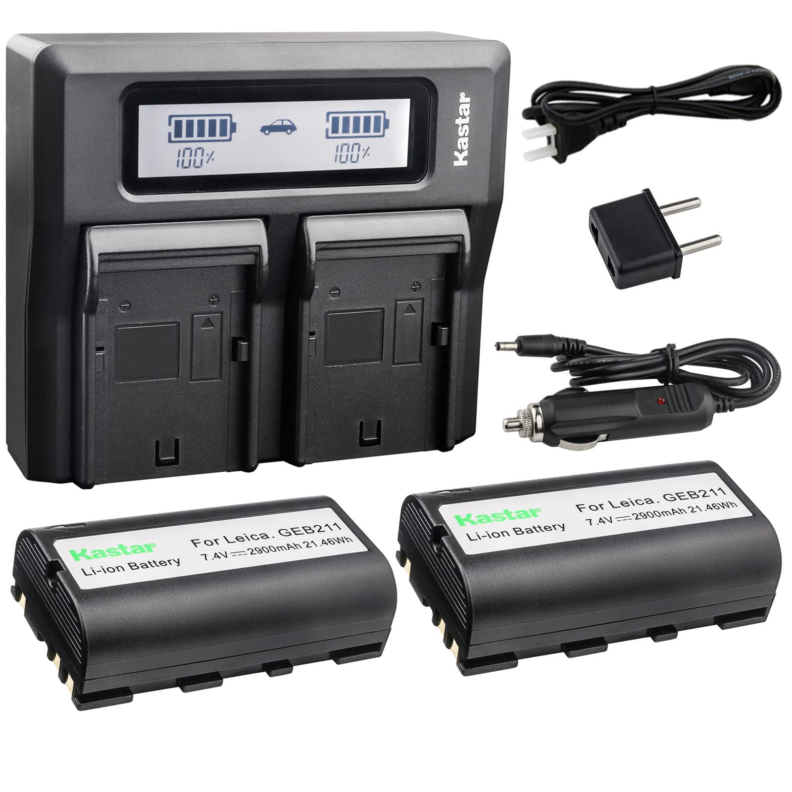 Kastar 2 Pack Battery and LCD Dual Fast Charger for Leica GEB211 GKL311 Leica ATX900 ATX1200 ATX1230 CS10 CS15 GS20 GNSS Receiver GPS900 GPS1200 GRX1200 GX1200 VIA Piper 100 Piper 200 RX1200 RX900